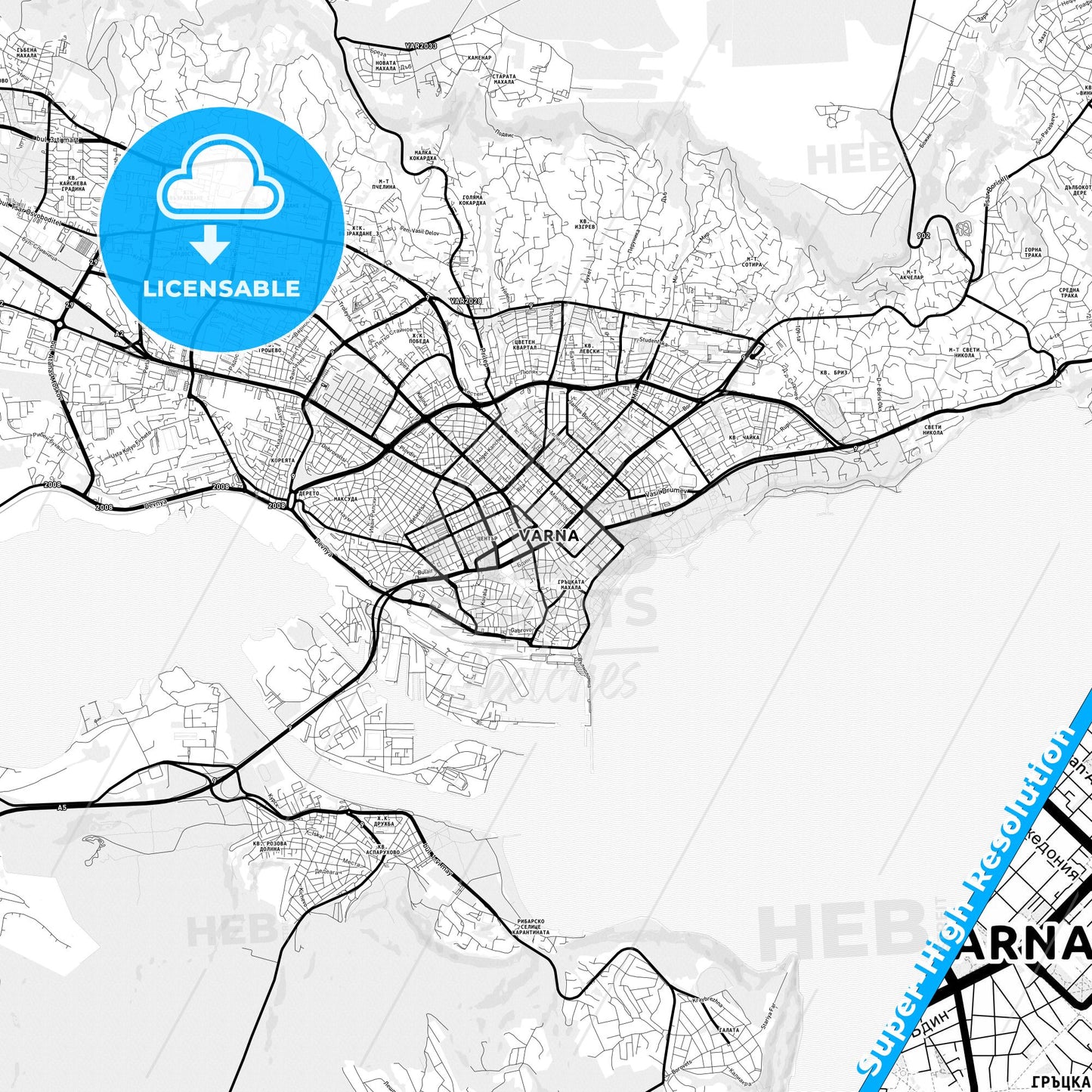 Varna, Bulgaria Light Map with Street Names, City Names, and Districts