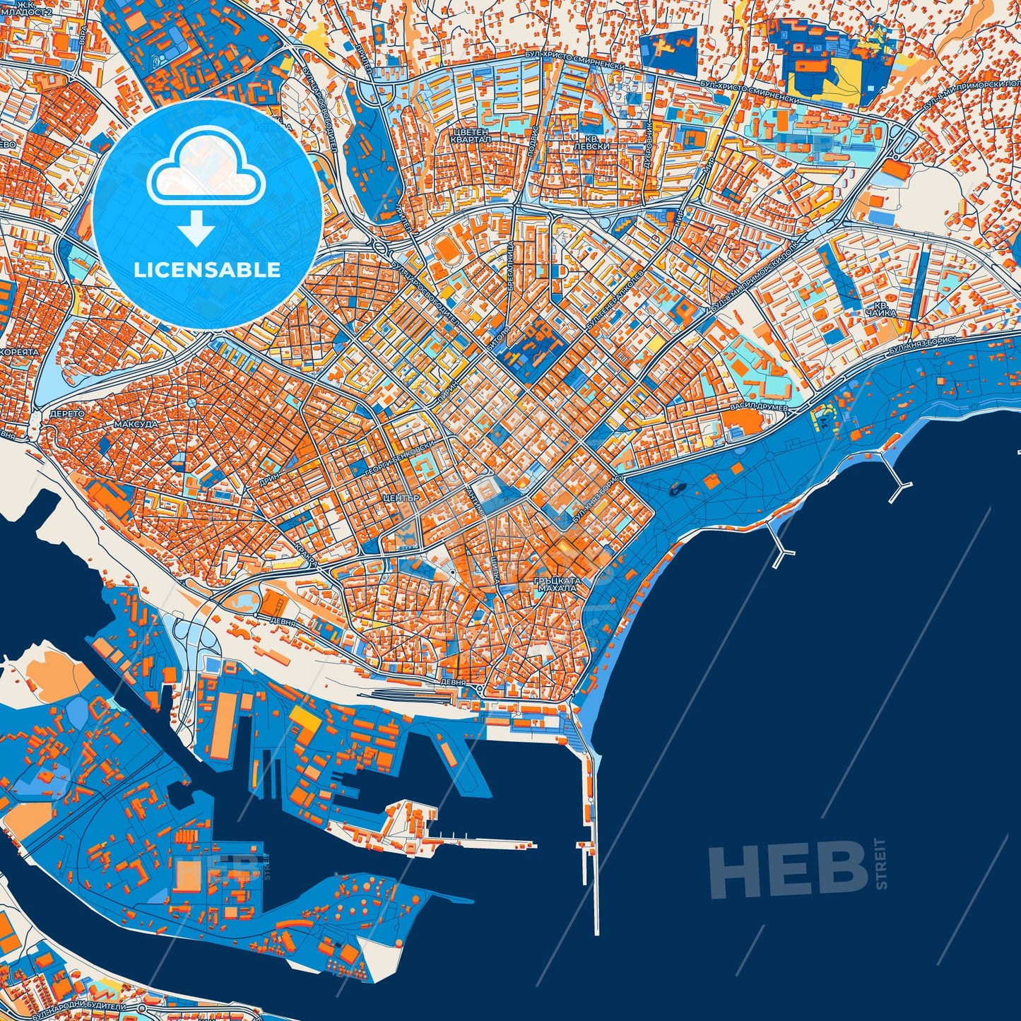 Colorful Varna Street Map with Labels and Buildings