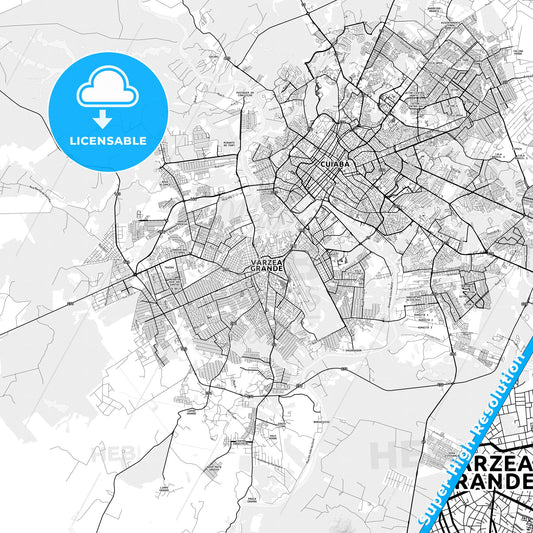 Varzea Grande, Brazil light map with streetnames, citynames and districts