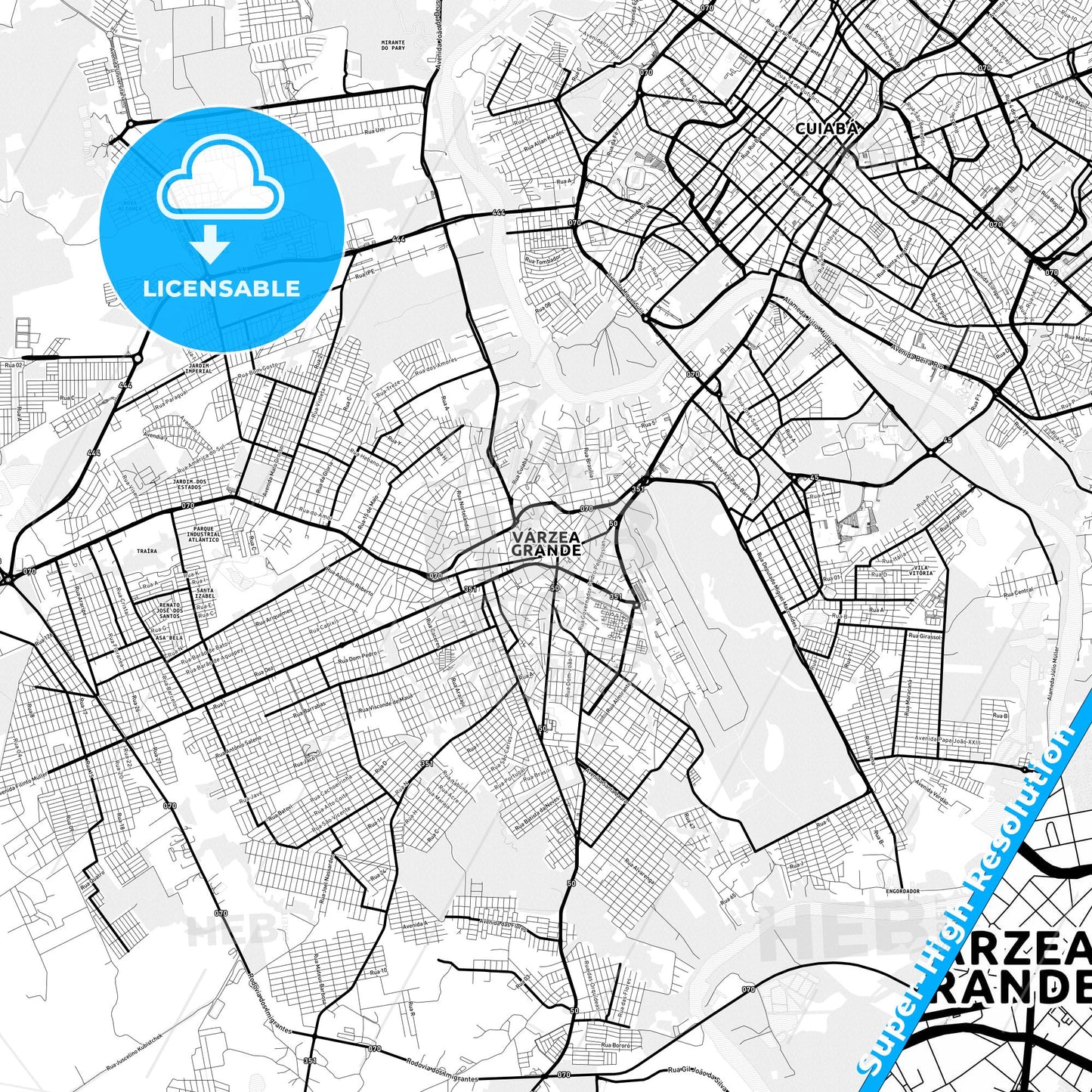 Varzea Grande, Brazil Light Map with Street Names, City Names, and Districts