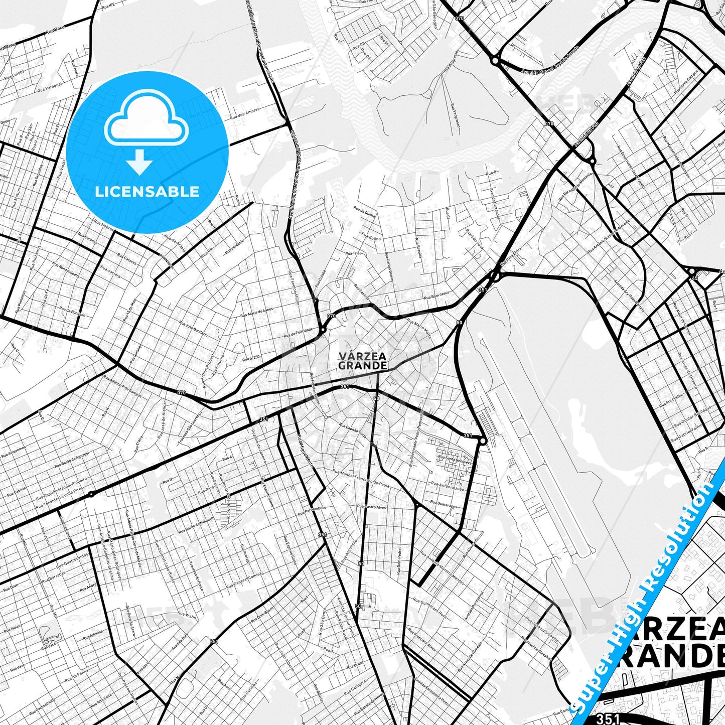 Varzea Grande, Brazil Light Map with Street Names, City Names, and Districts