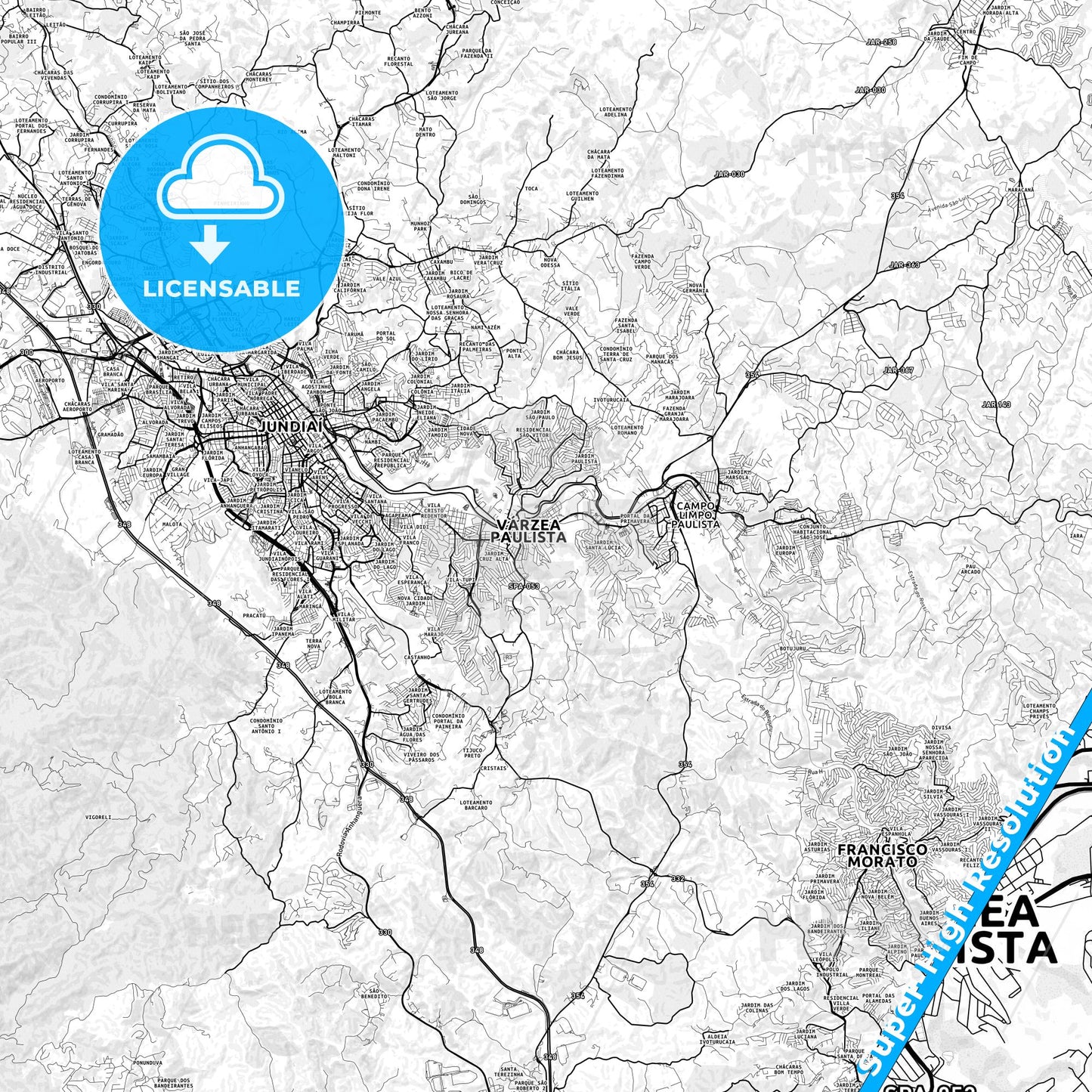 Varzea Paulista, Brazil light map with streetnames, citynames and districts