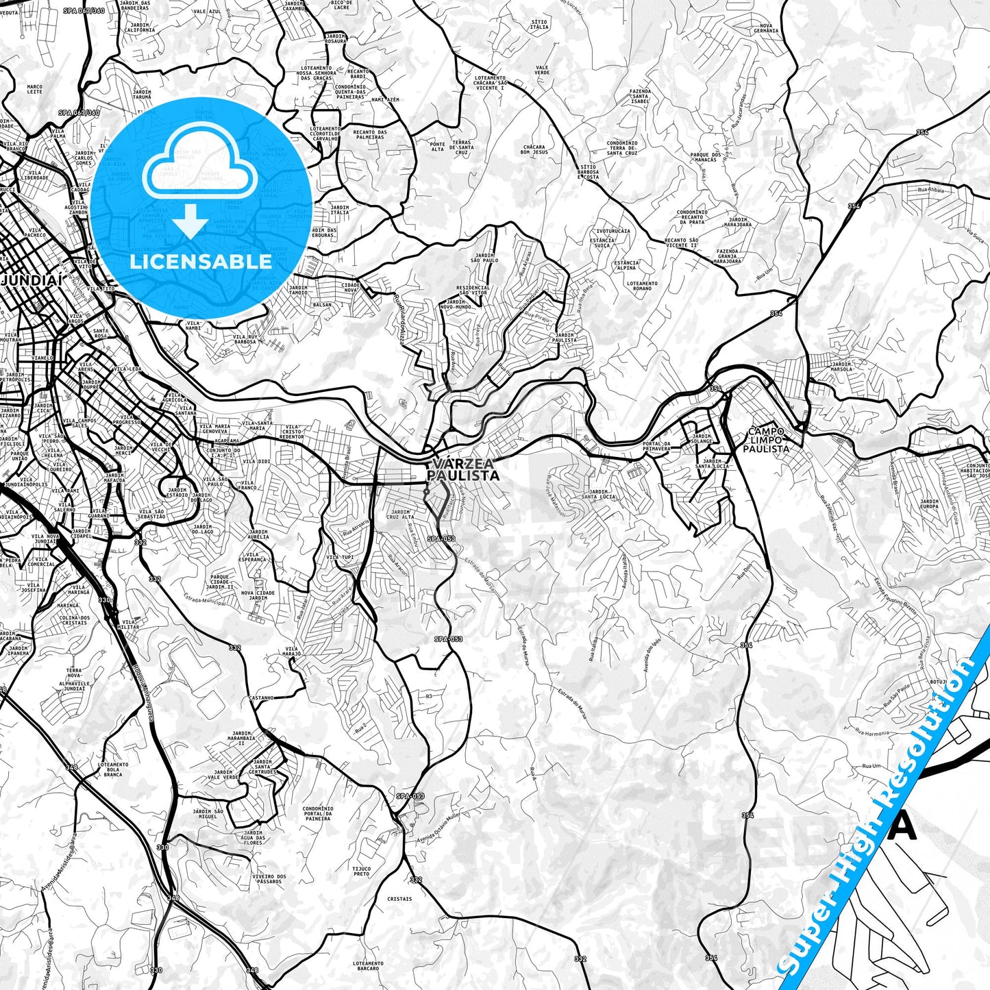 Varzea Paulista, Brazil Light Map with Street Names, City Names, and Districts