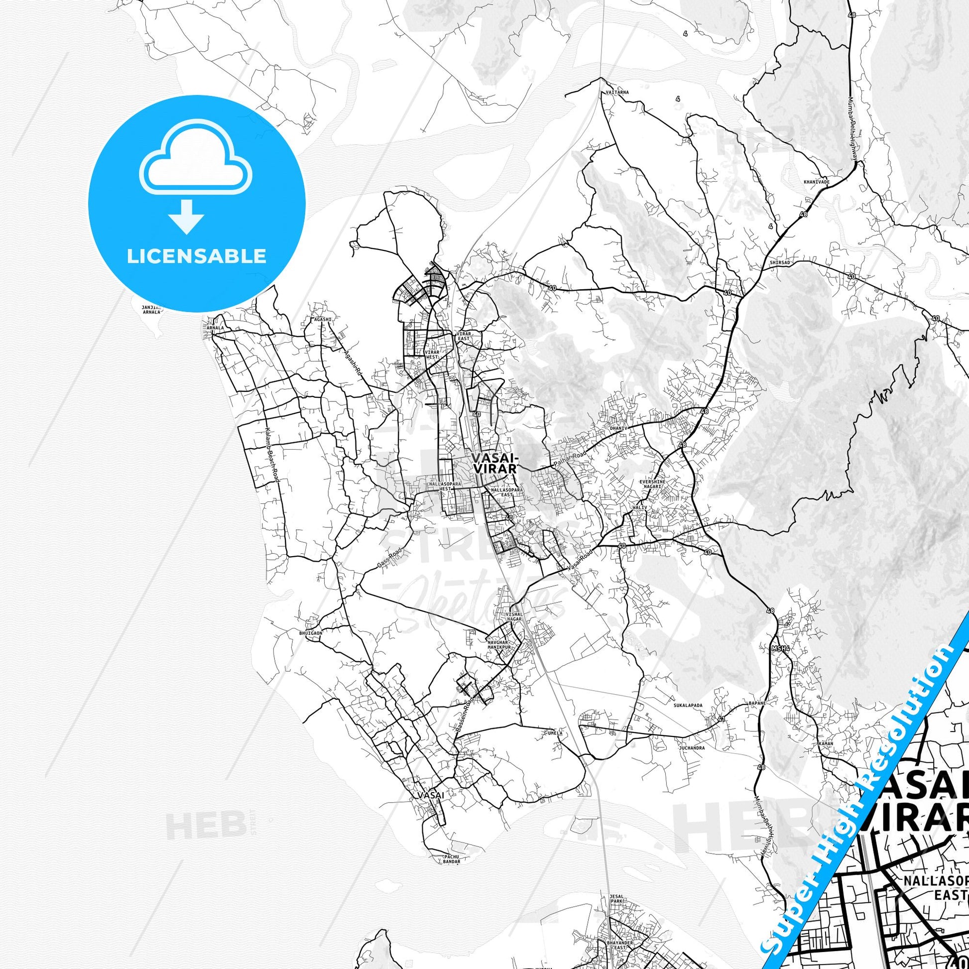 Vasai-Virar, India light map with streetnames, citynames and districts
