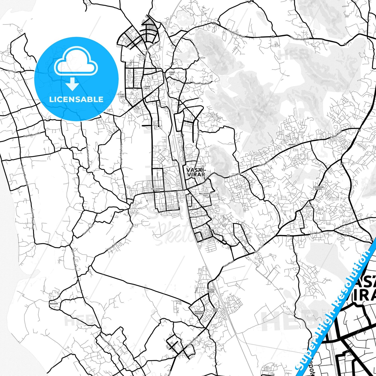 Vasai-Virar, India Light Map with Street Names, City Names, and Districts