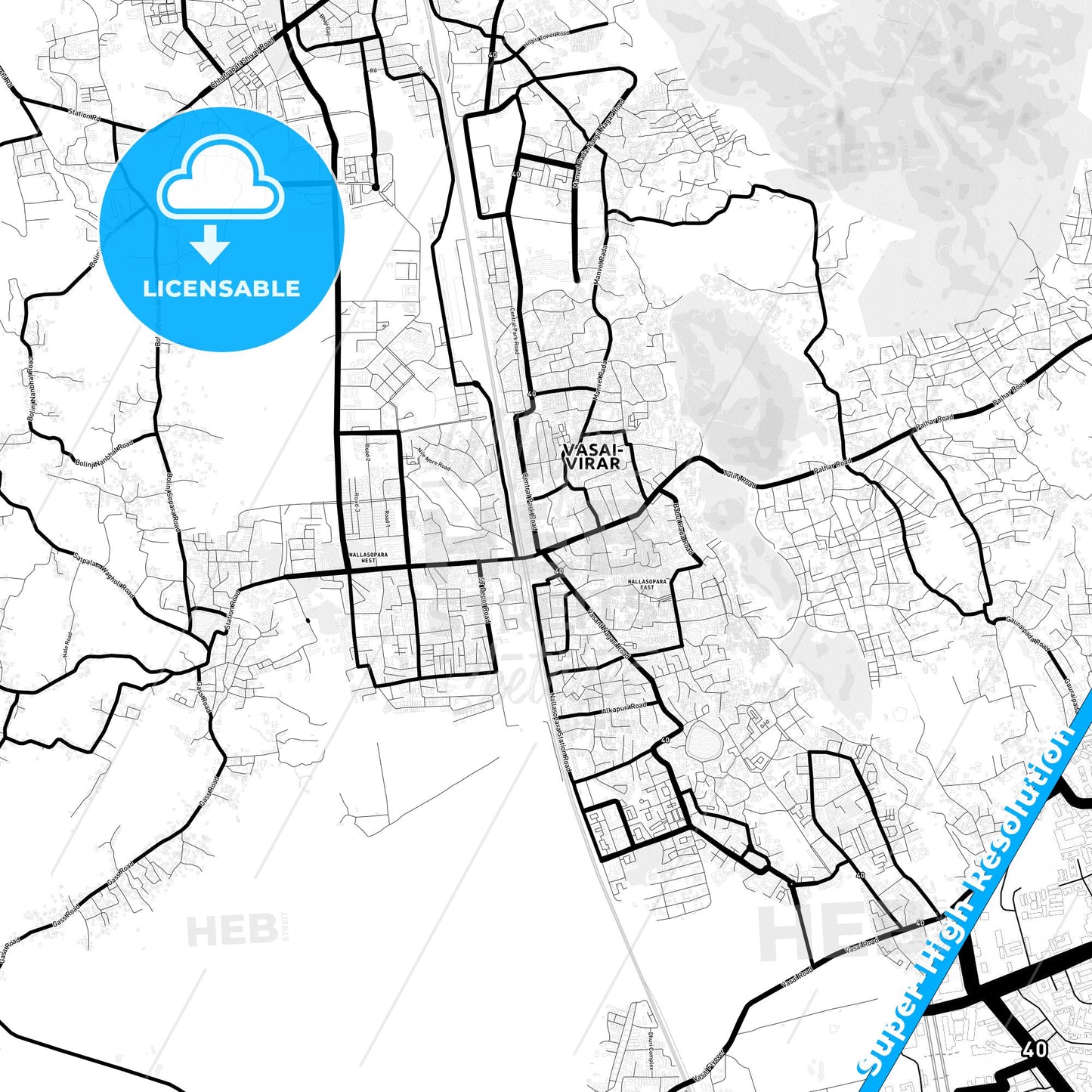 Vasai-Virar, India Light Map with Street Names, City Names, and Districts
