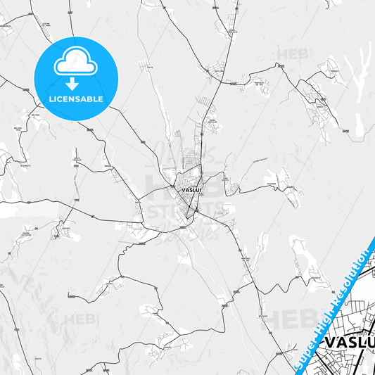 Vaslui, Romania light map with streetnames, citynames and districts