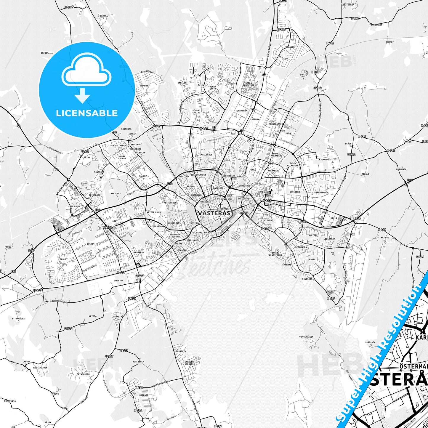 Västerås, Sweden light map with streetnames, citynames and districts
