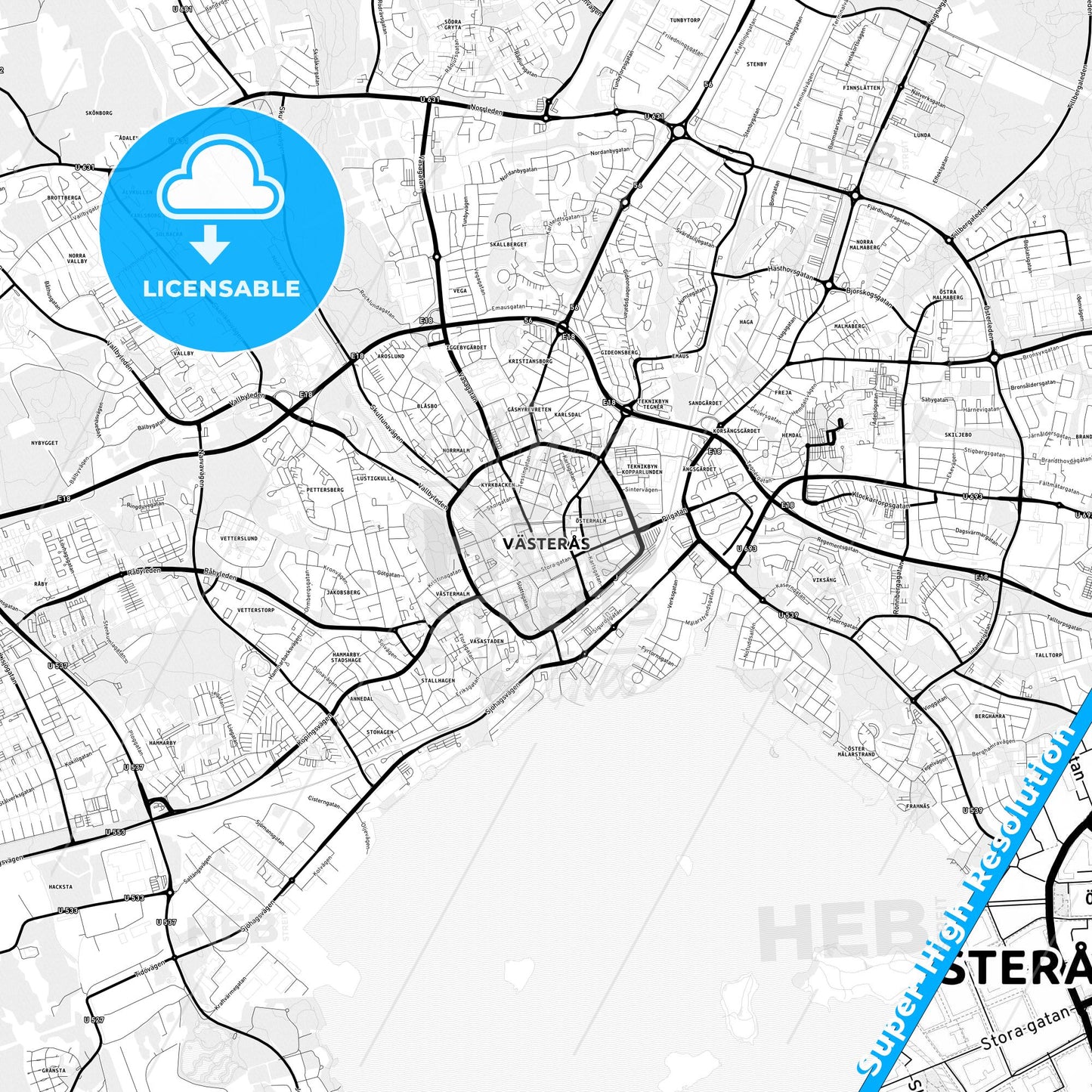 Västerås, Sweden Light Map with Street Names, City Names, and Districts