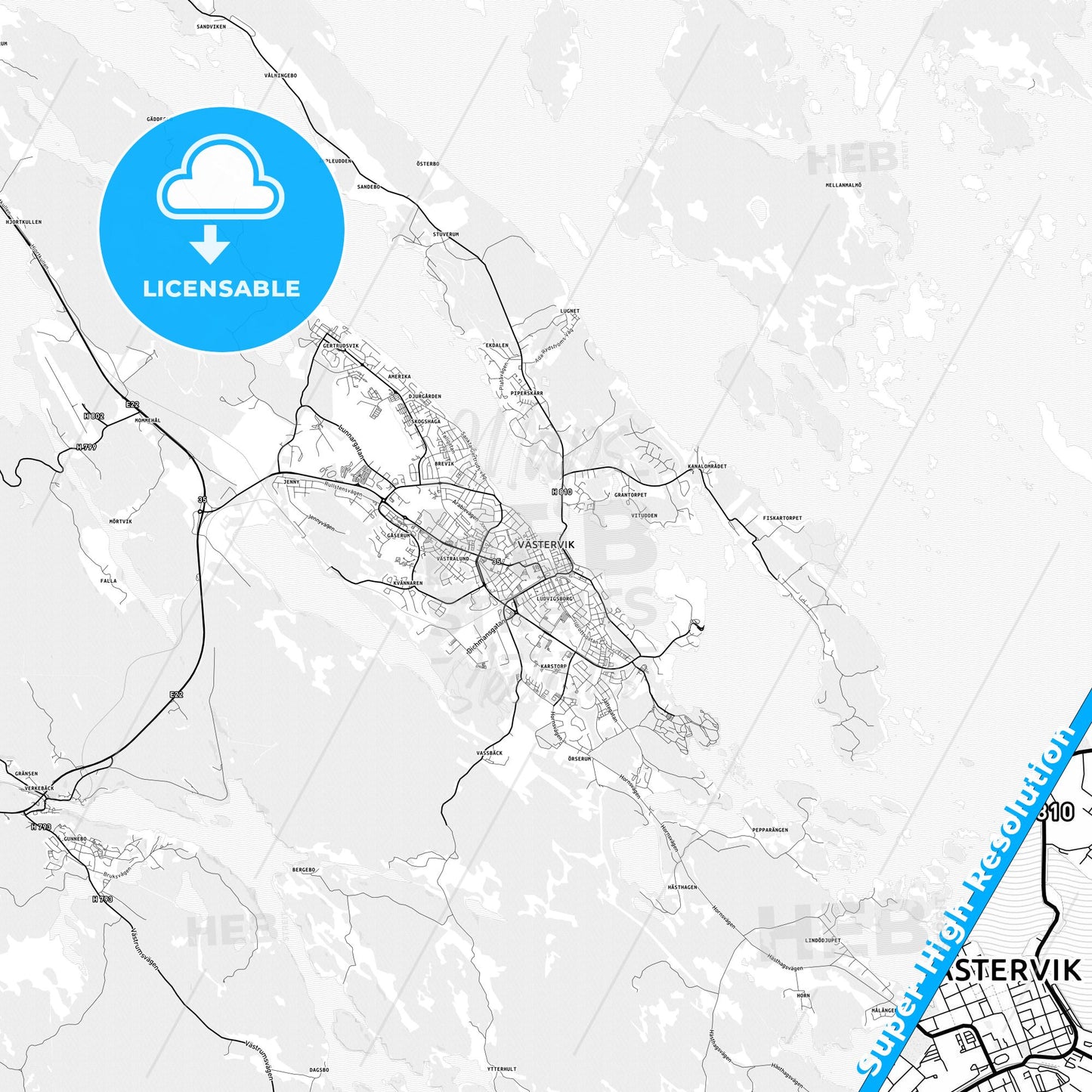 Västervik, Sweden light map with streetnames, citynames and districts
