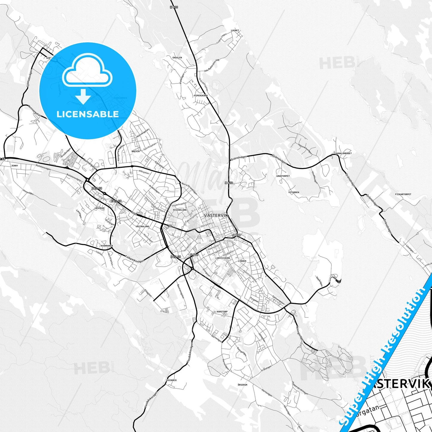 Västervik, Sweden Light Map with Street Names, City Names, and Districts