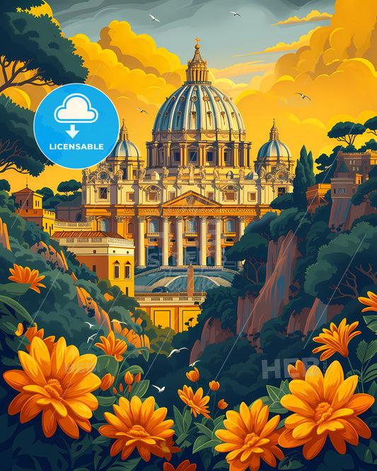 Vatican City, Italy - Panoramic View of a Dome Building, Columns, Trees, Flowers, Painting, Art