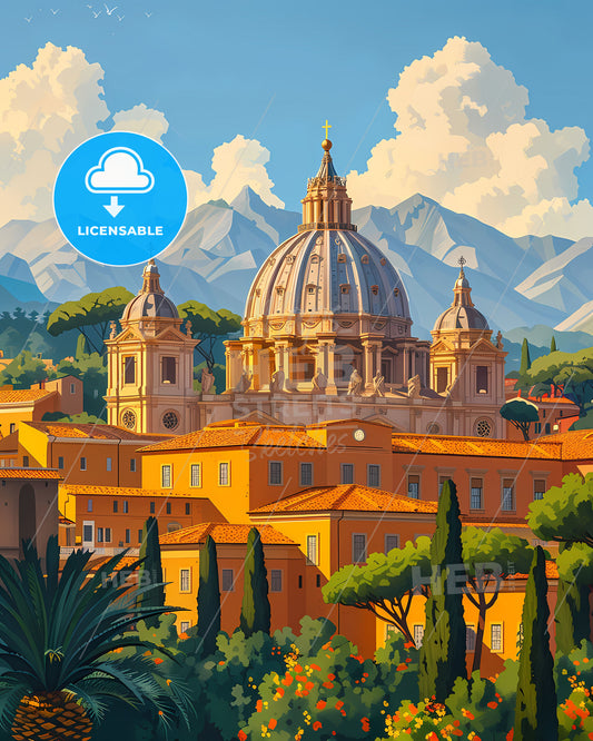 Vibrant Vatican City Painting with Dome, Trees, Mountains