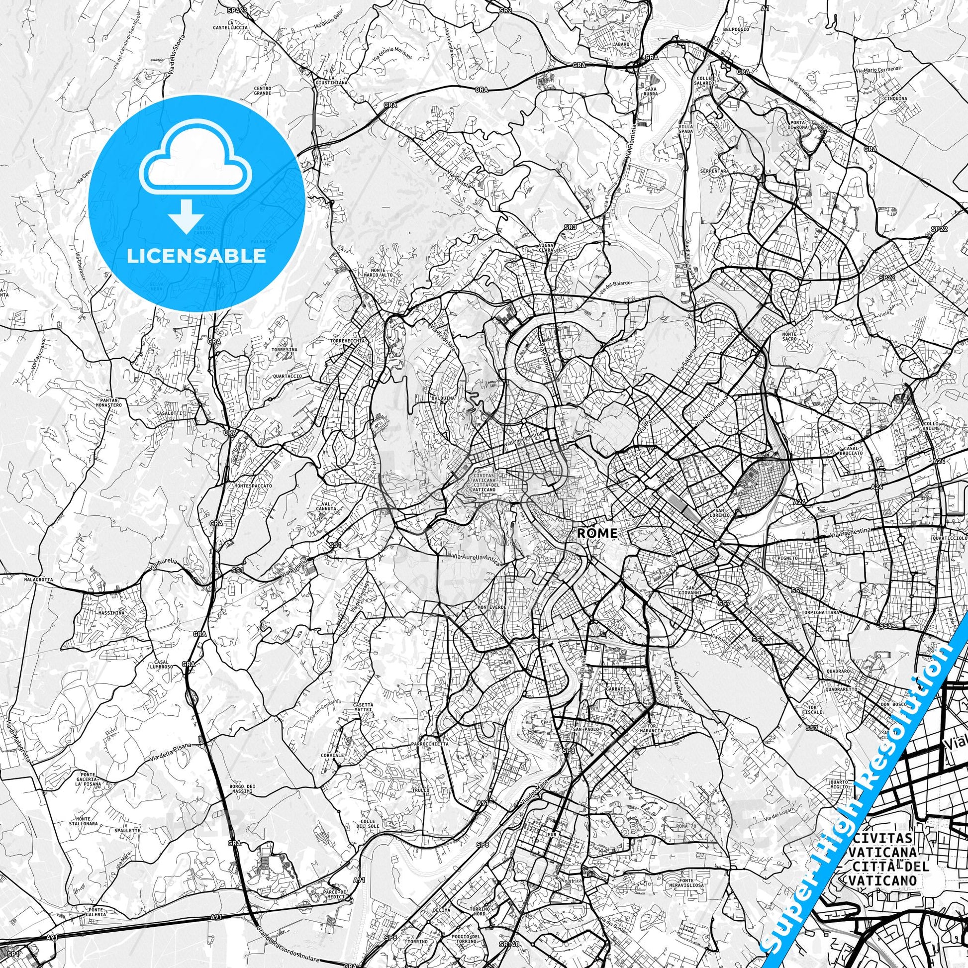 Vatican City, Vatican light map with streetnames, citynames and districts