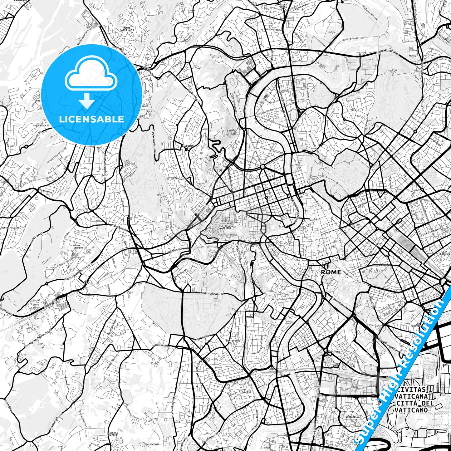 Vatican City, Vatican Light Map with Street Names, City Names, and Districts