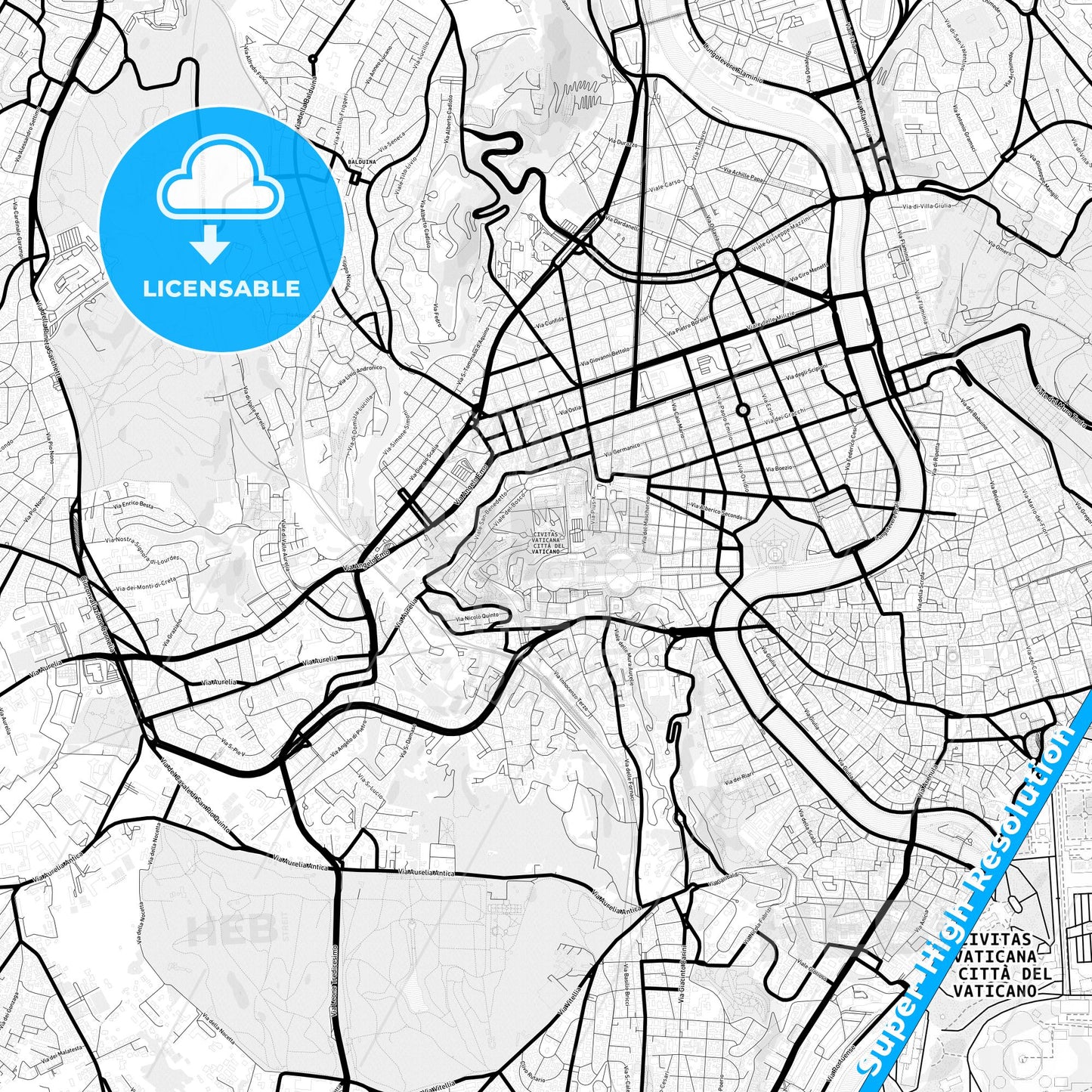 Vatican City, Vatican Light Map with Street Names, City Names, and Districts