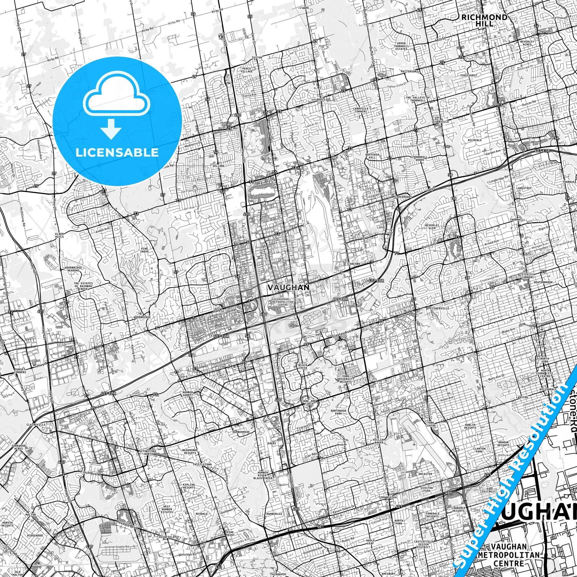 Vaughan, Canada light map with streetnames, citynames and districts