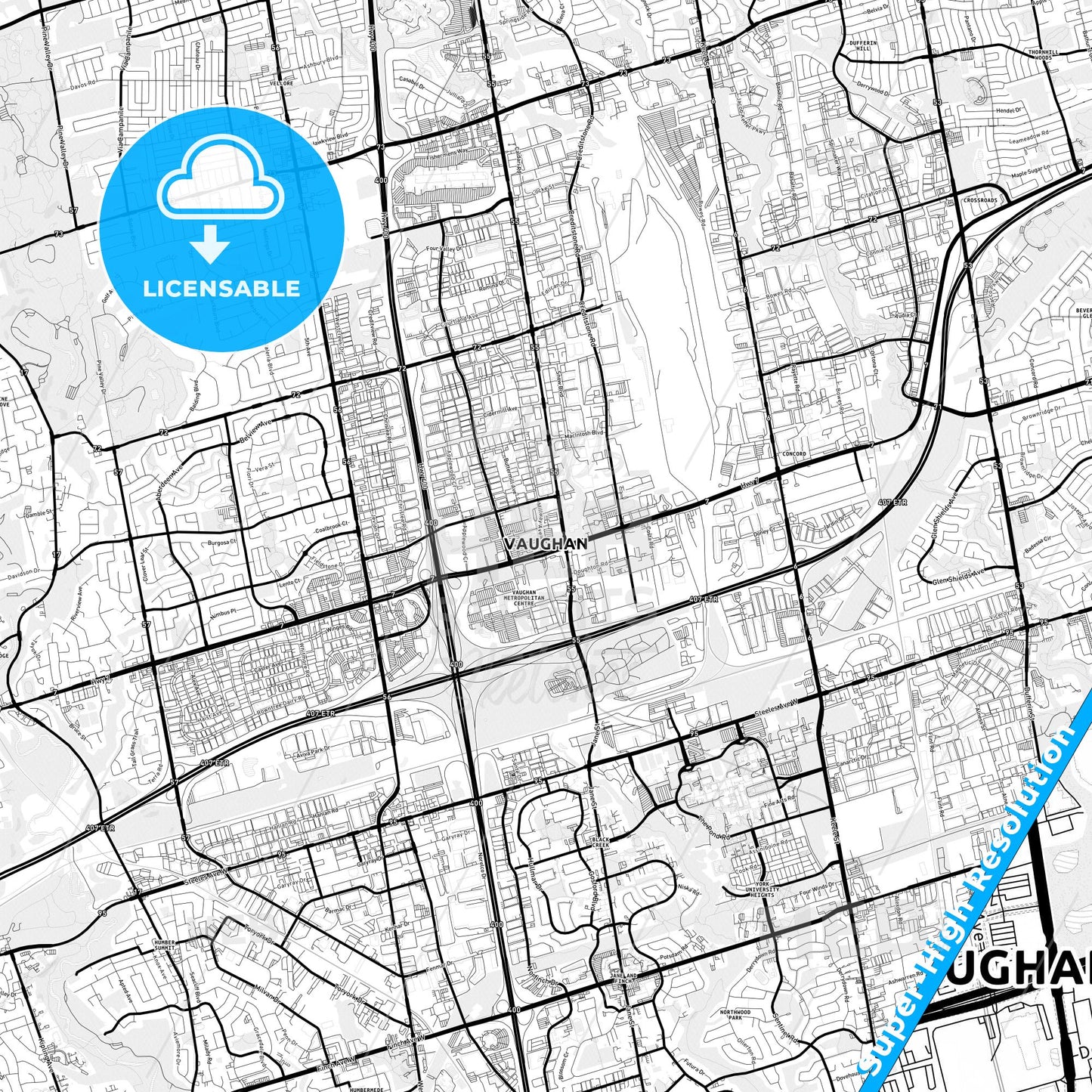 Vaughan, Canada Light Map with Street Names, City Names, and Districts