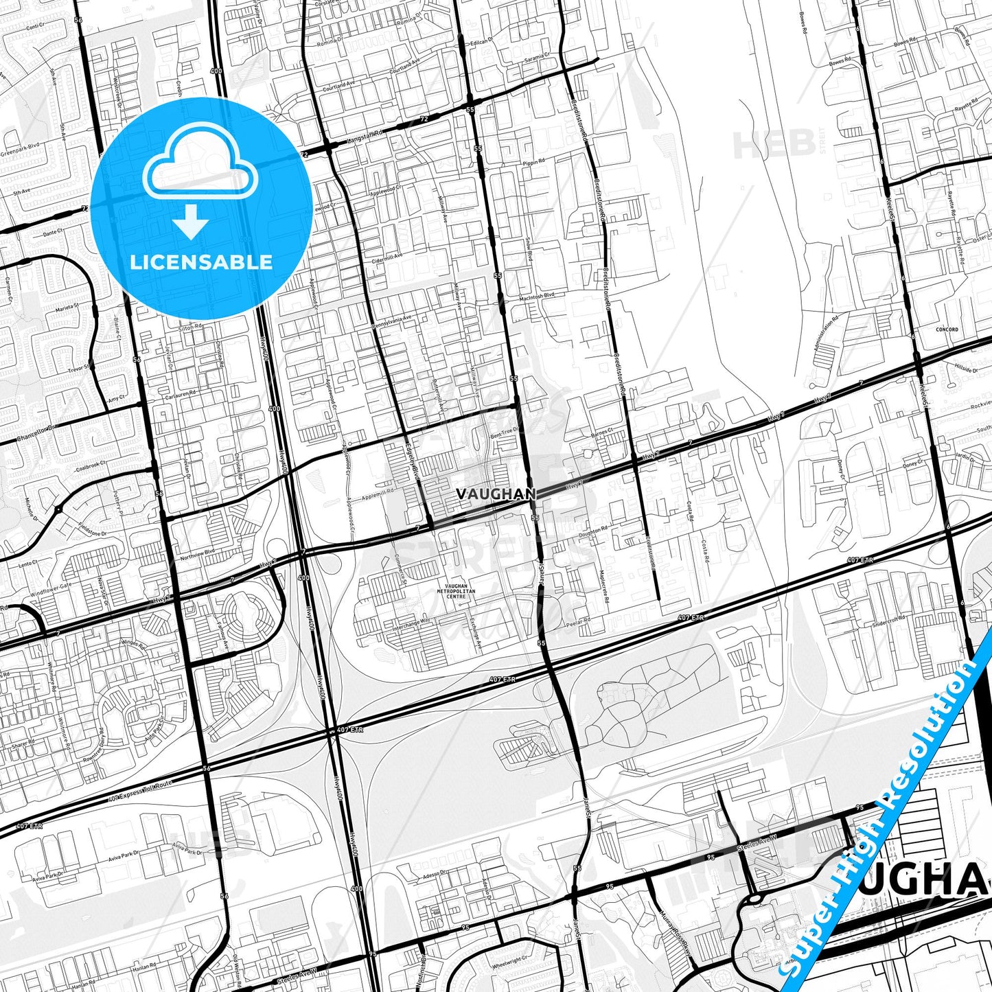 Vaughan, Canada Light Map with Street Names, City Names, and Districts