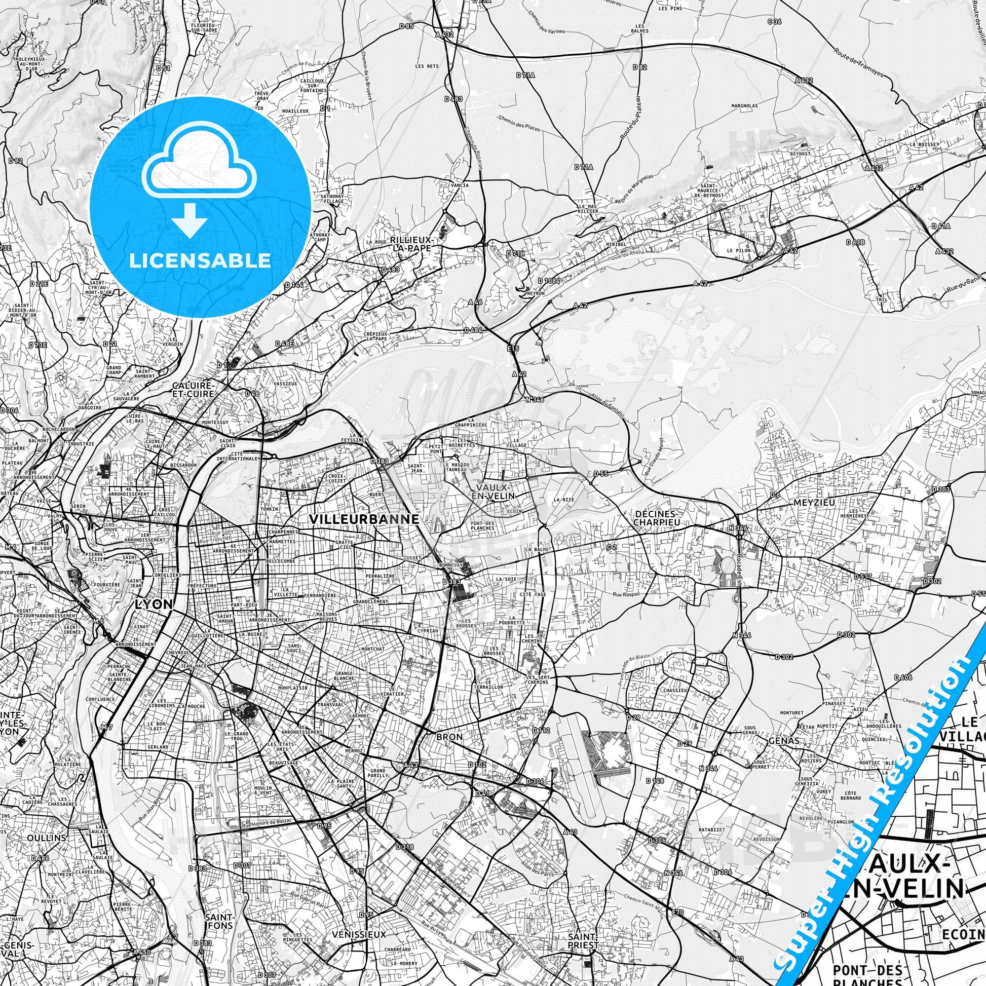 Vaulx-en-Velin, France light map with streetnames, citynames and districts
