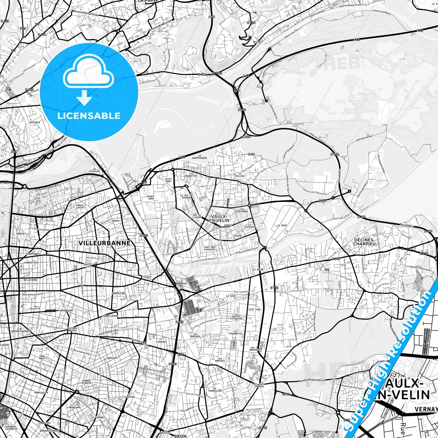 Vaulx-en-Velin, France Light Map with Street Names, City Names, and Districts