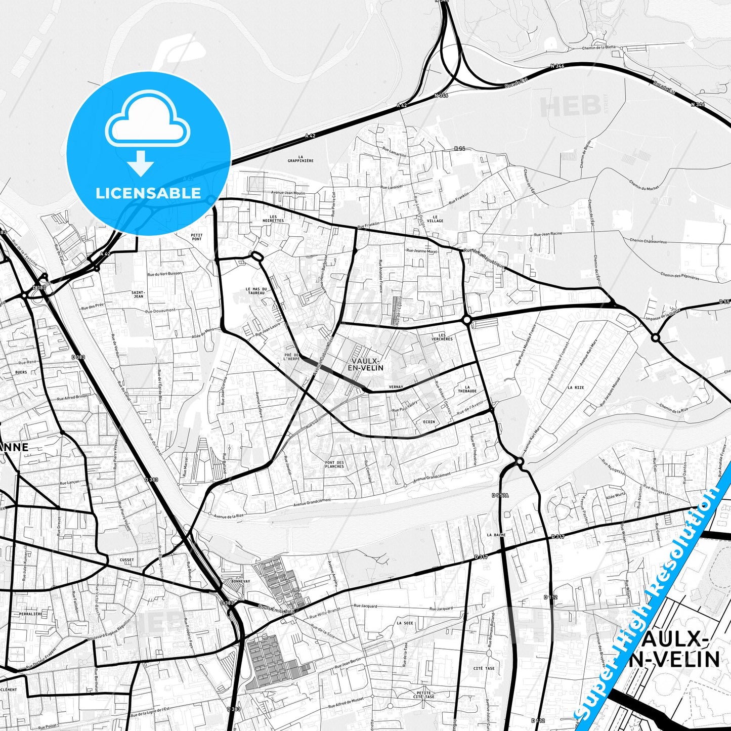 Vaulx-en-Velin, France Light Map with Street Names, City Names, and Districts