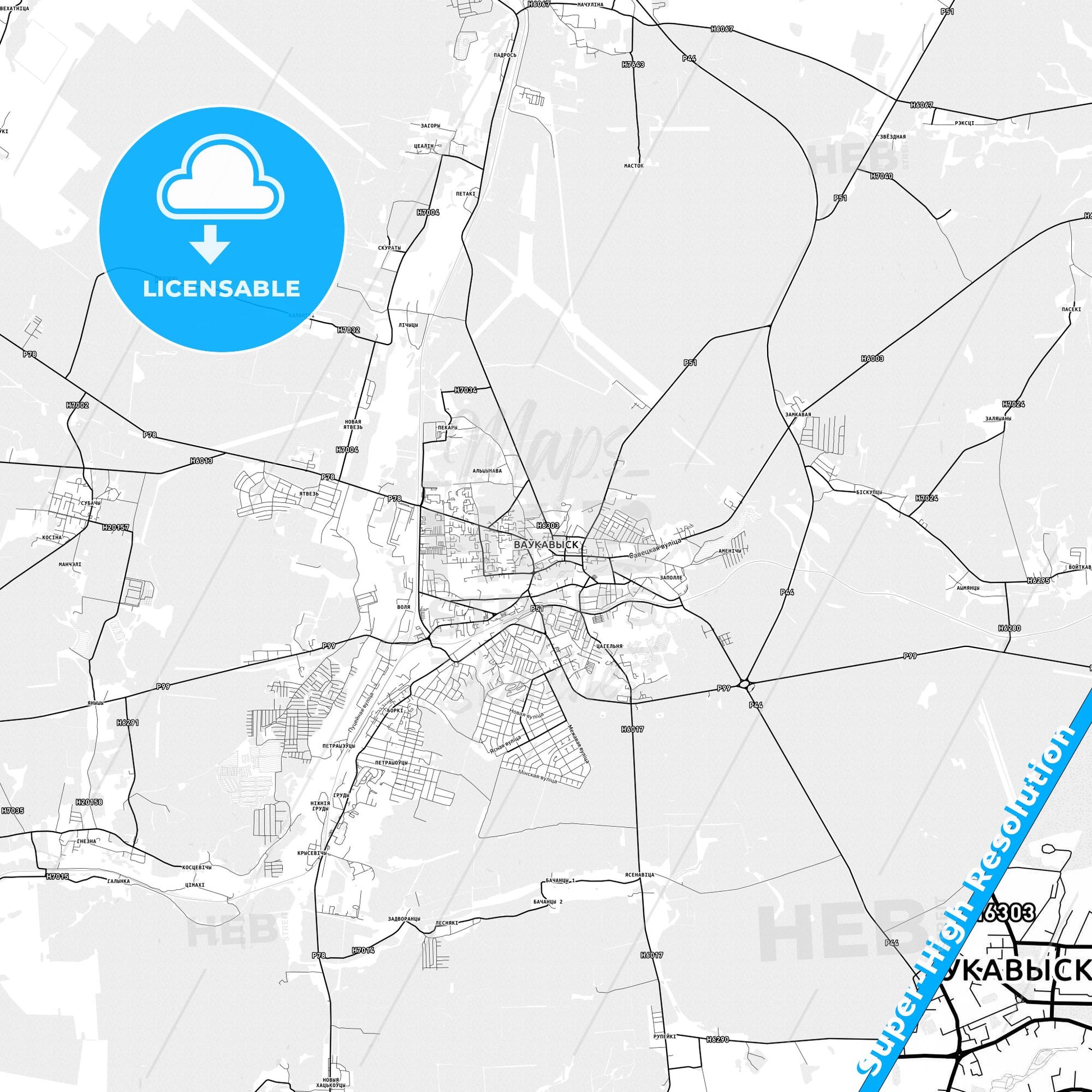 Vawkavysk, Belarus light map with streetnames, citynames and districts