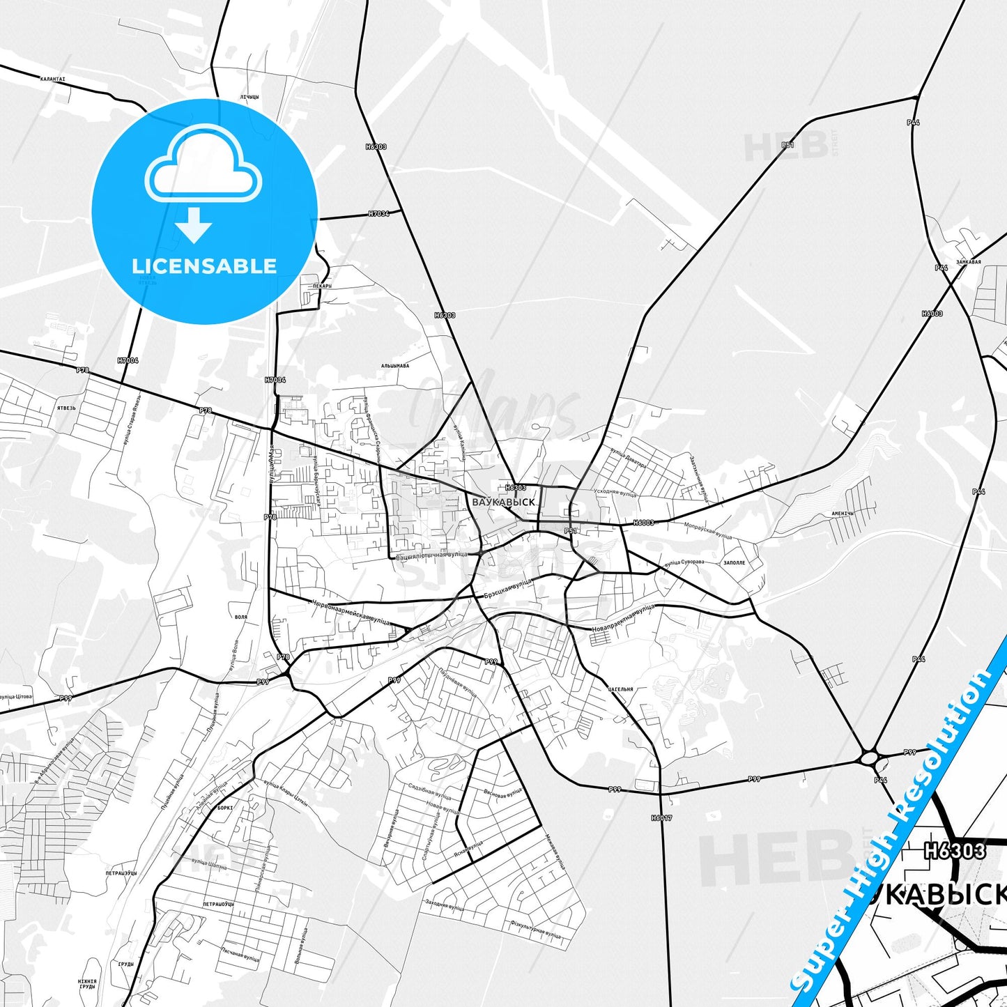 Vawkavysk, Belarus Light Map with Street Names, City Names, and Districts