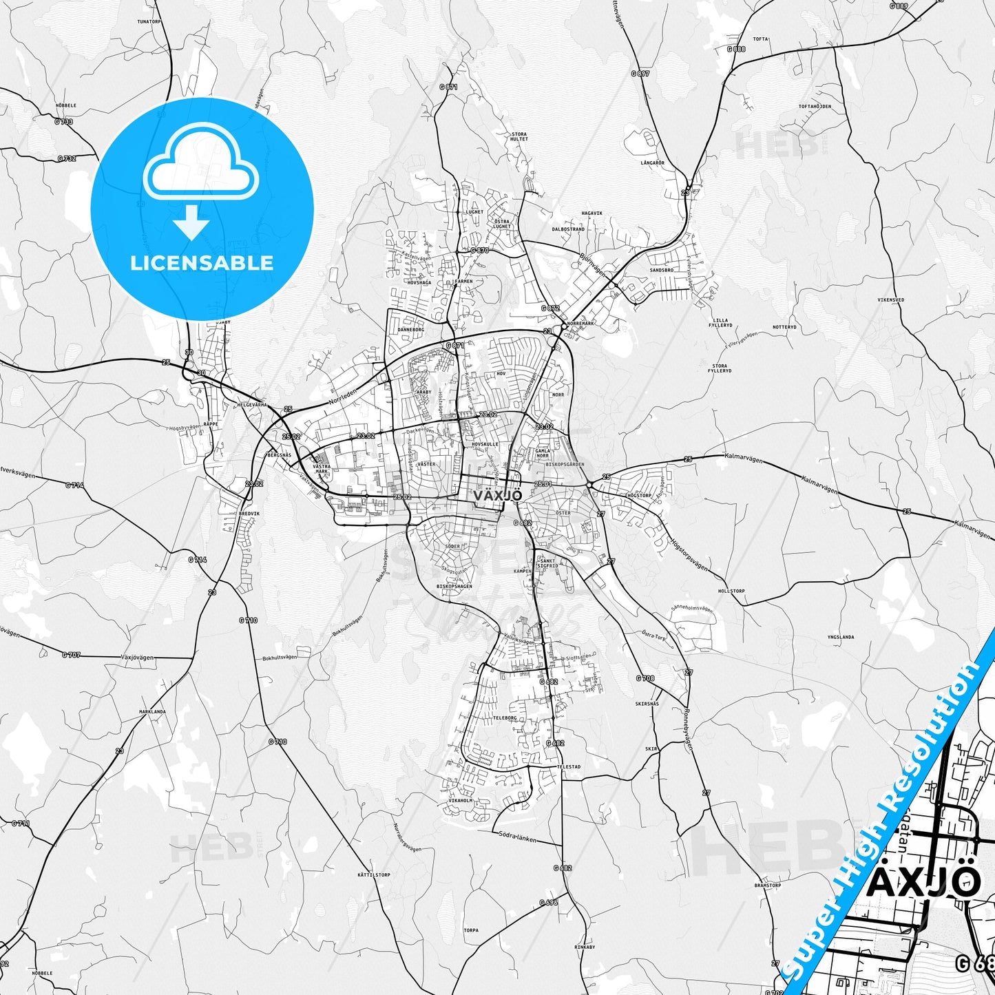 Växjö, Sweden light map with streetnames, citynames and districts