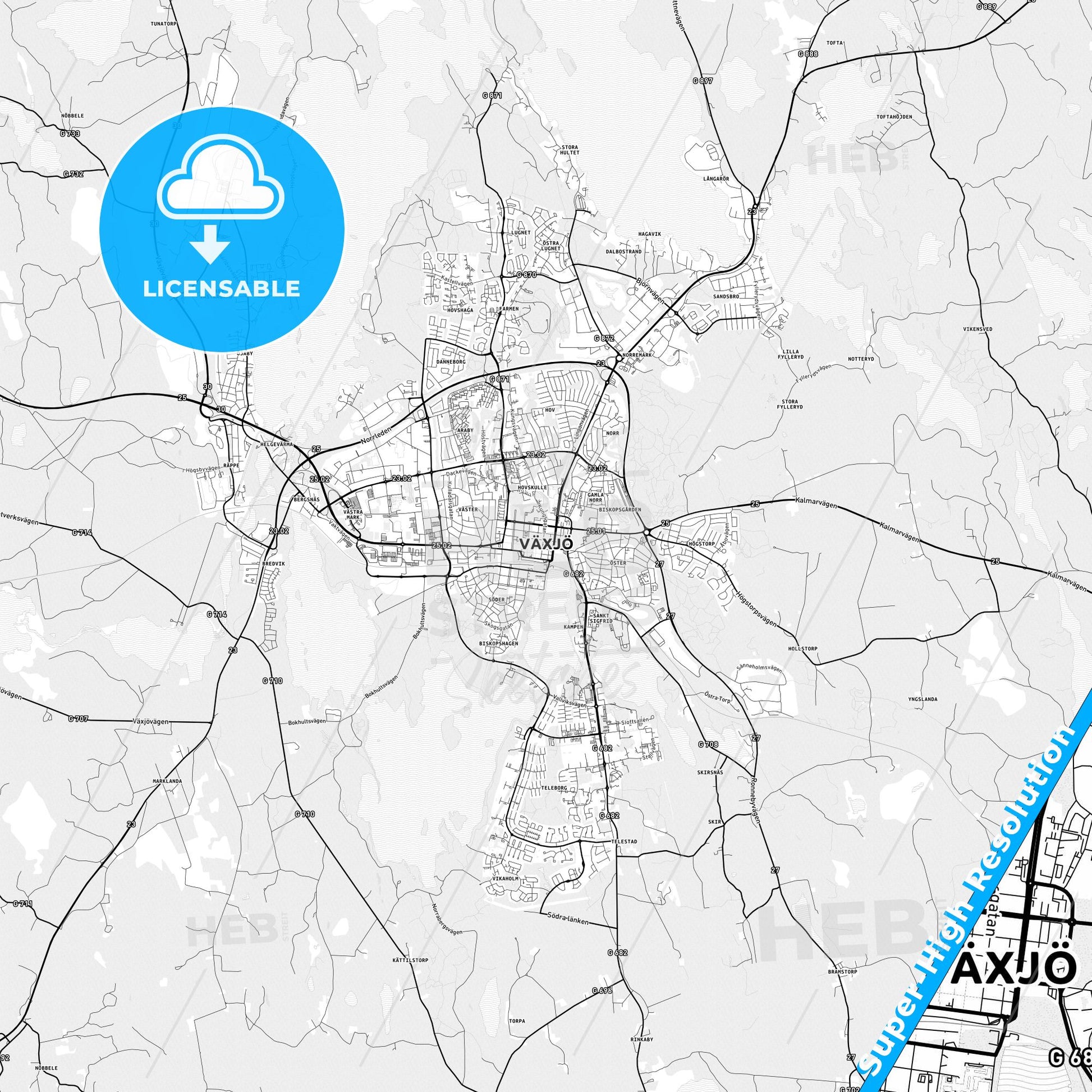 Växjö, Sweden light map with streetnames, citynames and districts