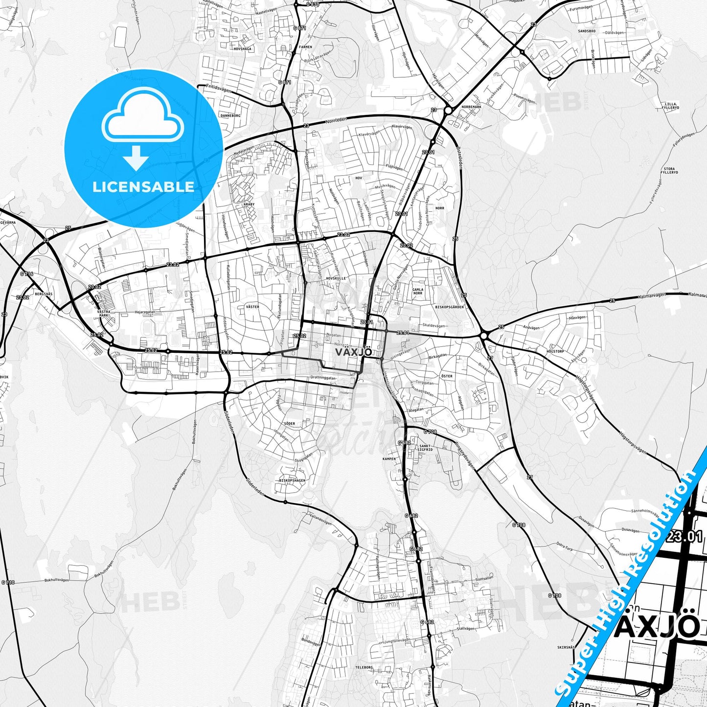 Växjö, Sweden Light Map with Street Names, City Names, and Districts