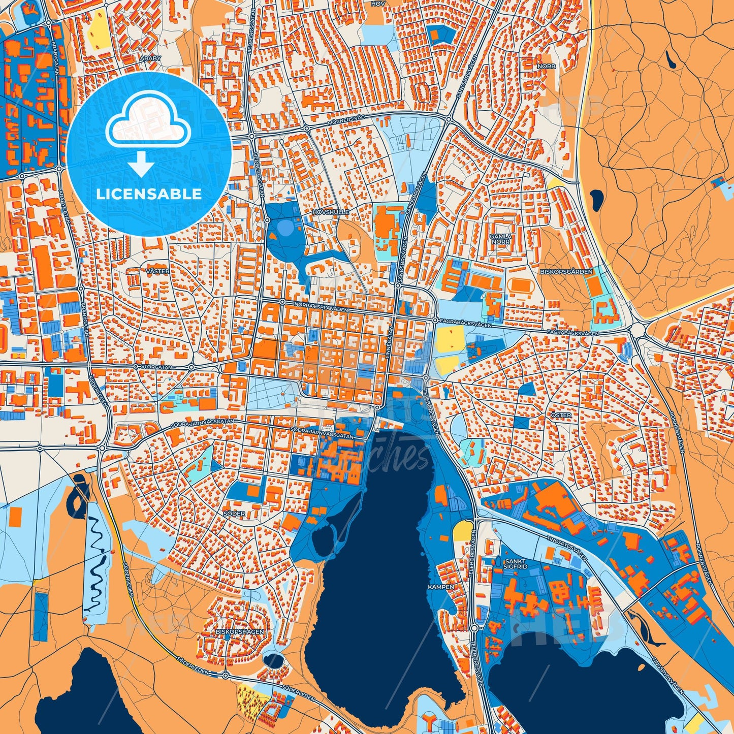 Colorful Växjö Street Map with Labels and Buildings