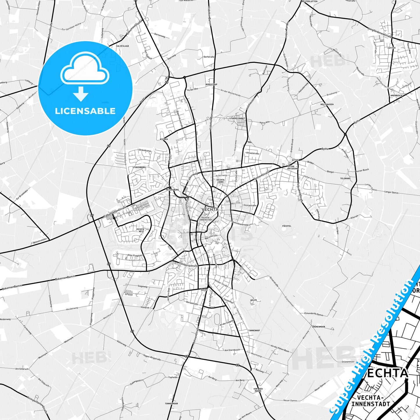 Vechta, Germany Light Map with Street Names, City Names, and Districts