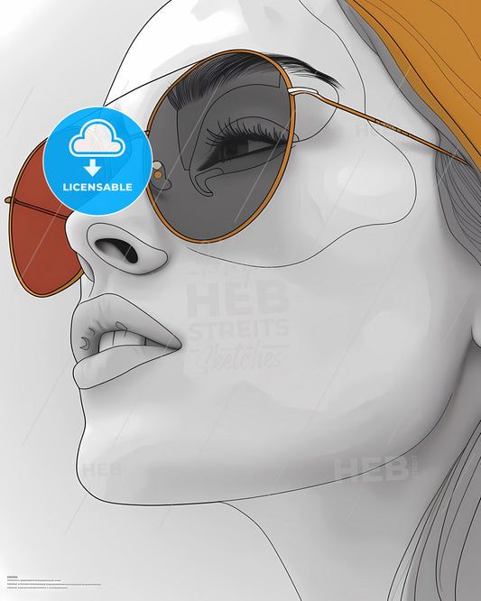 Abstract Lineart Pop Art Painting of a 60s Woman Wearing Sunglasses, Geometric Shapes and Vibrant Colors