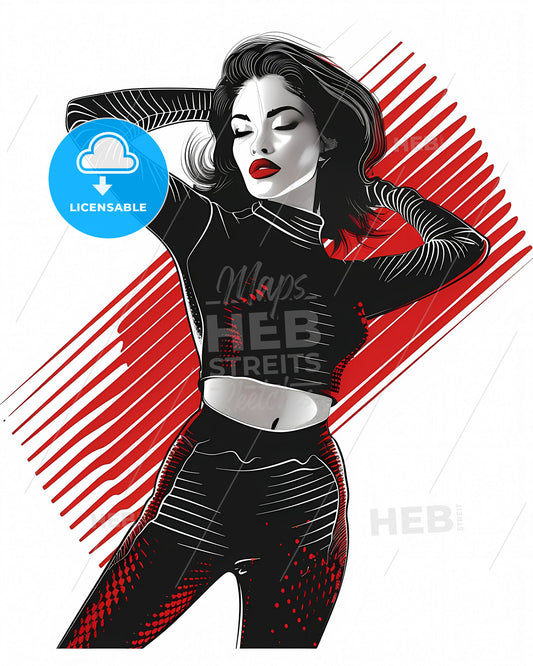 Fashion Illustration: Hyper-Detailed Woman in Striking Pose with Moire Effect Elements in Vibrant Black, White, and Red