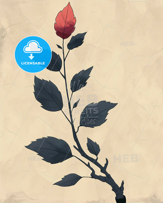 Minimalist 90s Art Deco Revival Line Poster - A red flower on a stem with black leaves