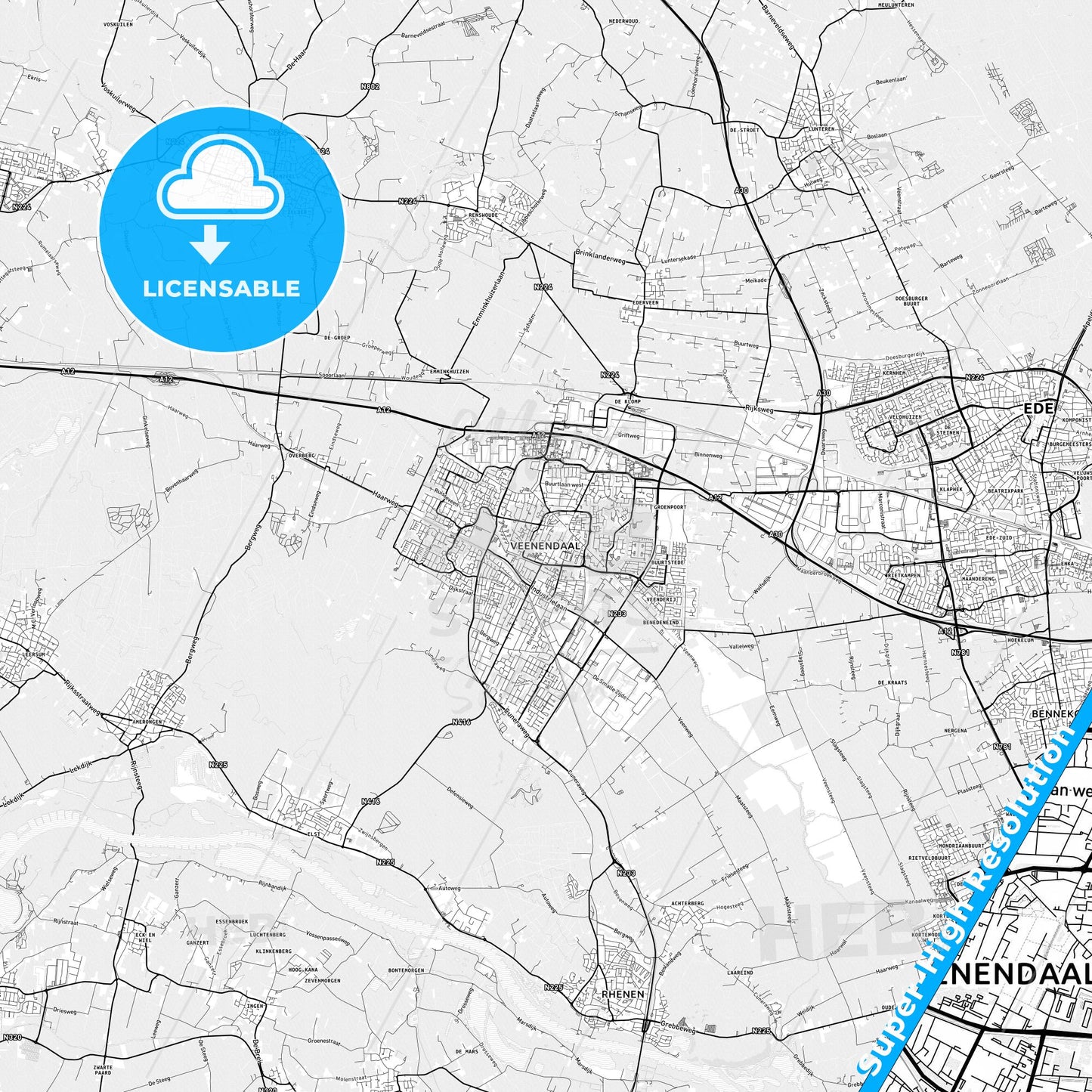 Veenendaal, Netherlands light map with streetnames, citynames and districts