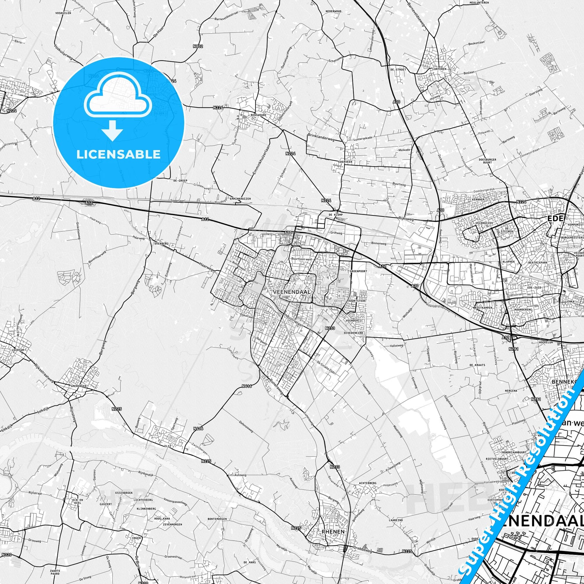 Veenendaal, Netherlands light map with streetnames, citynames and districts