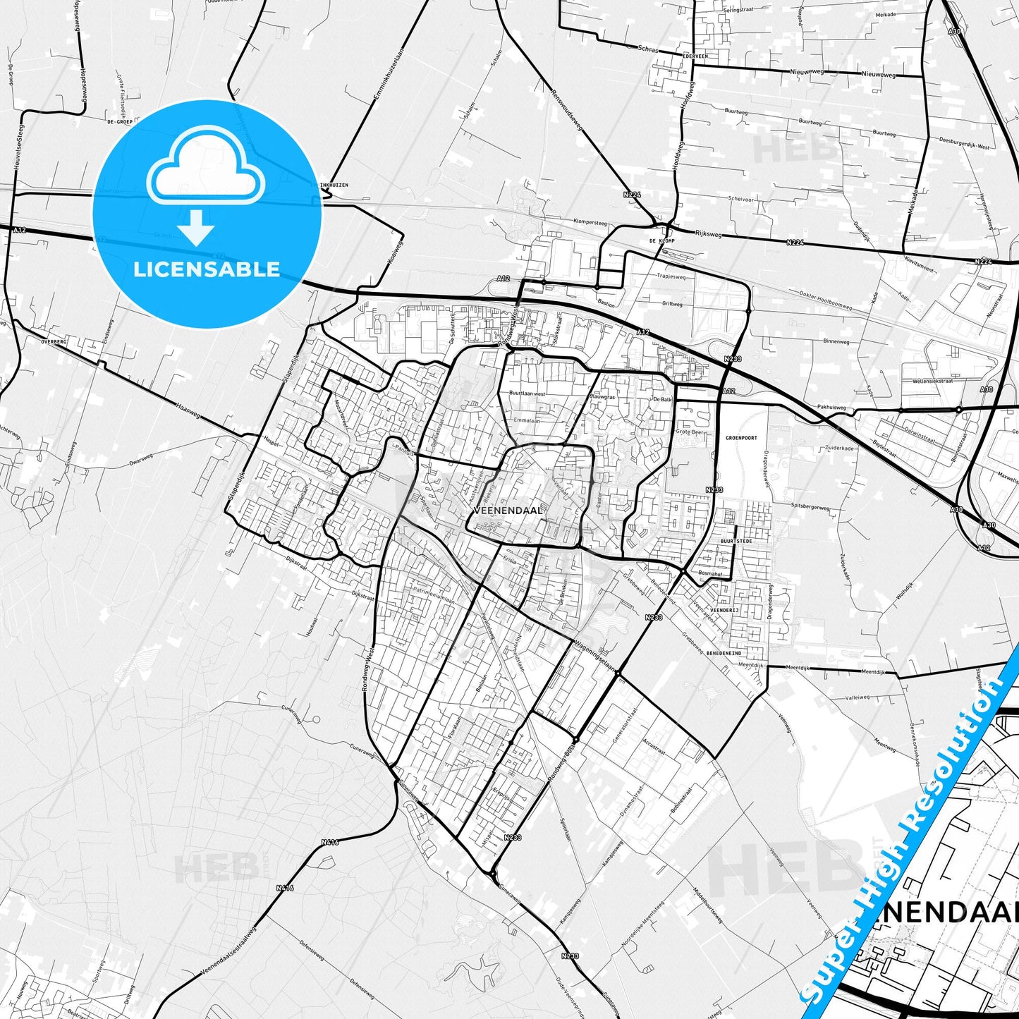 Veenendaal, Netherlands Light Map with Street Names, City Names, and Districts