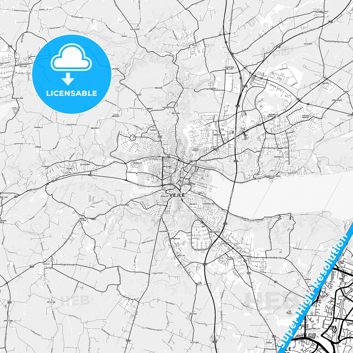 Vejle, Denmark light map with streetnames, citynames and districts
