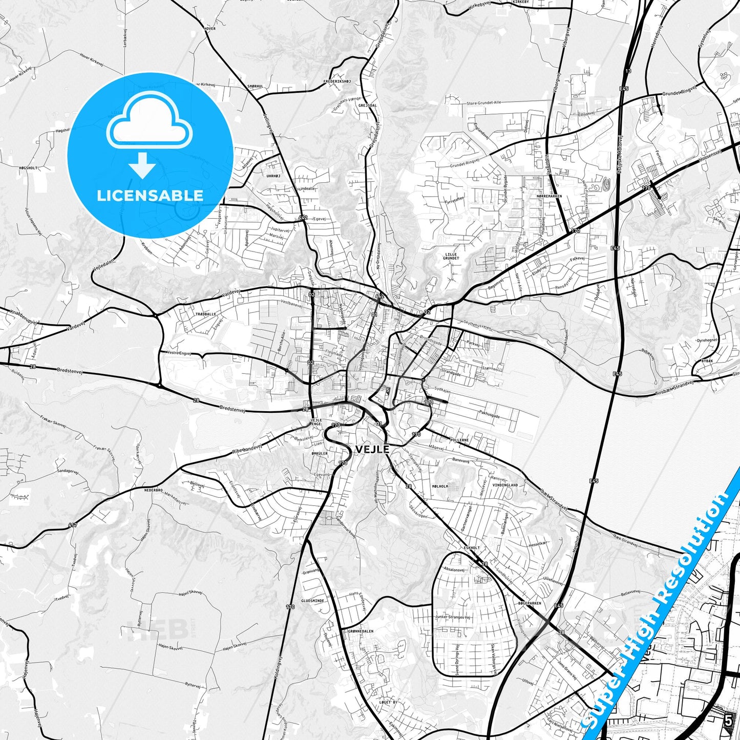 Vejle, Denmark Light Map with Street Names, City Names, and Districts