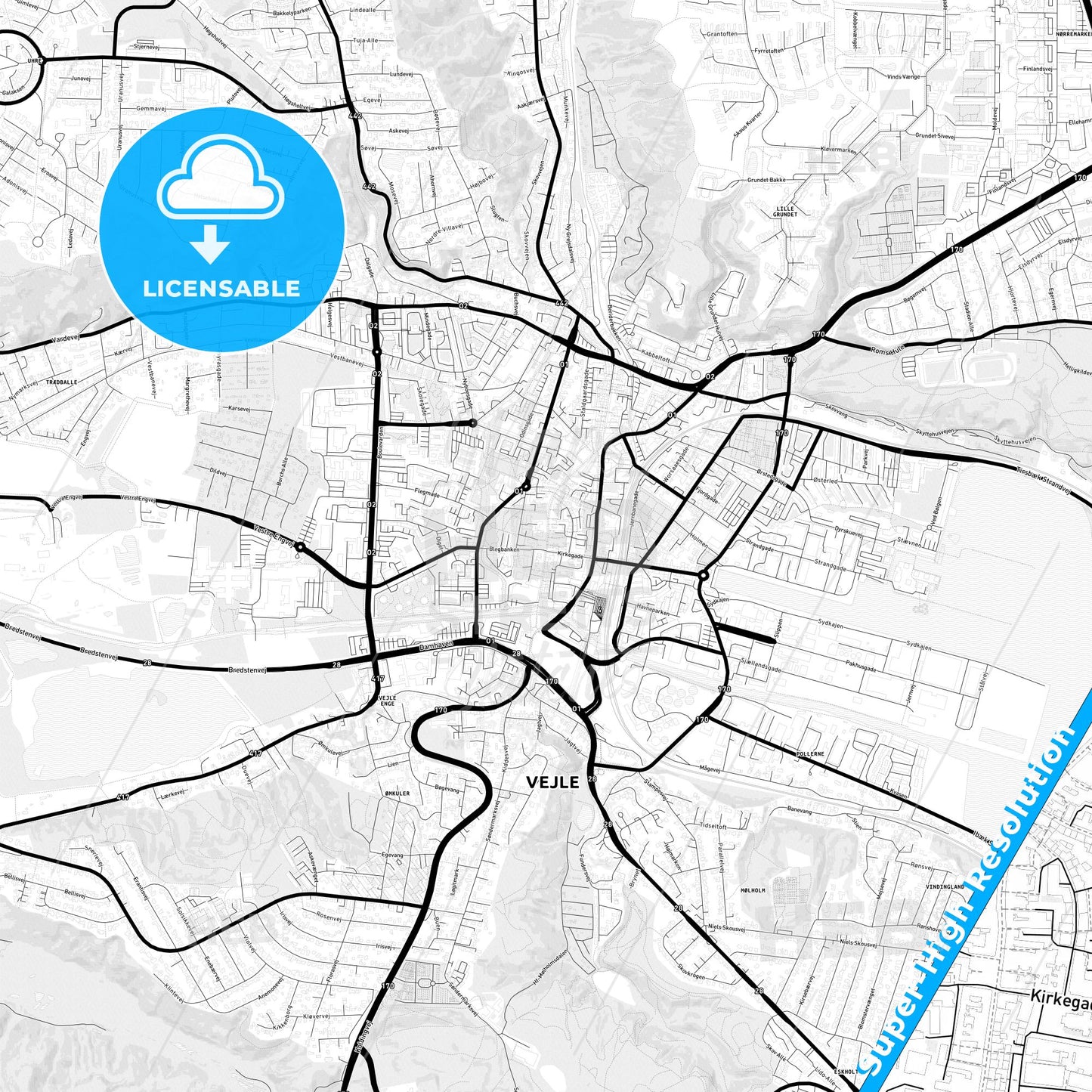 Vejle, Denmark Light Map with Street Names, City Names, and Districts