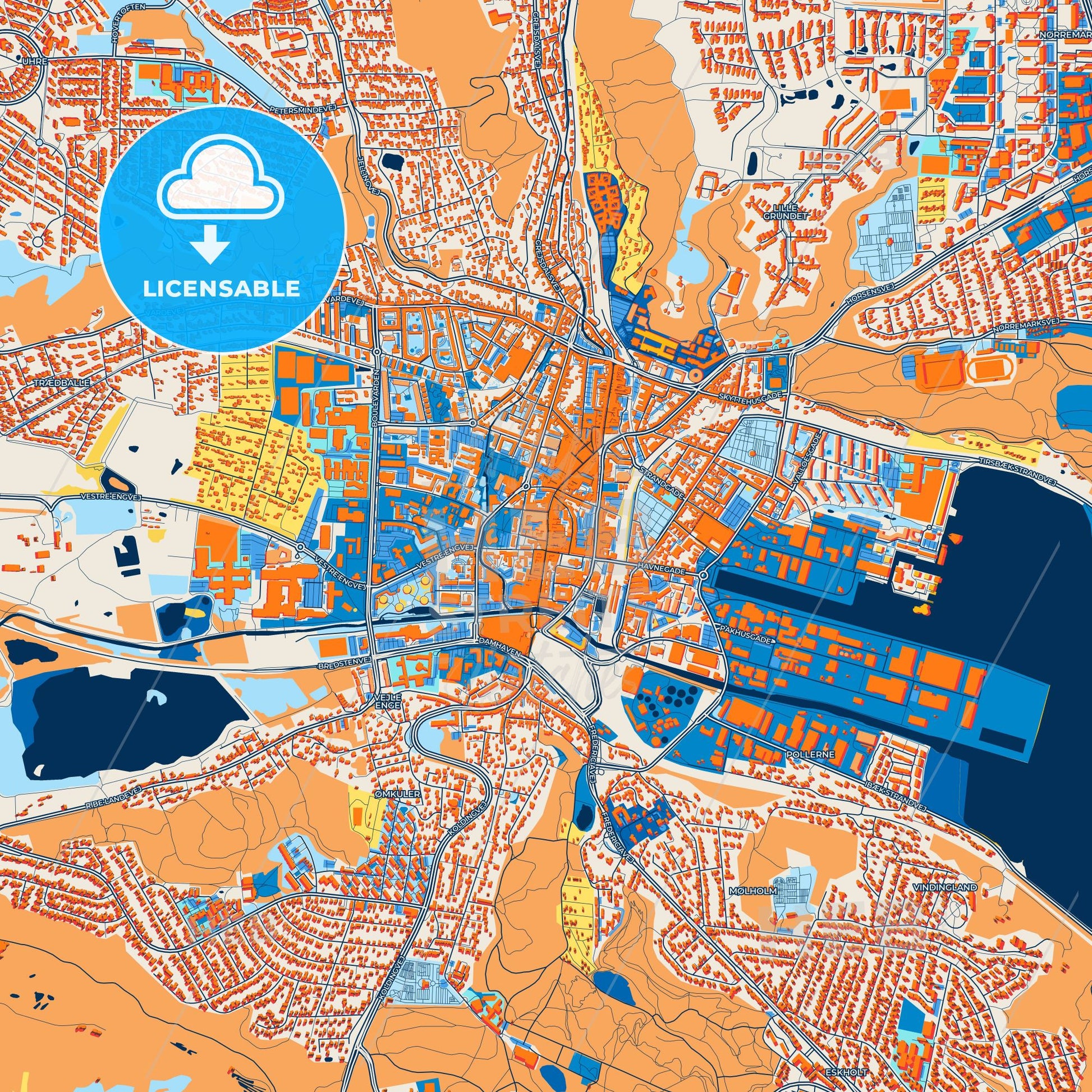 Colorful Vejle Street Map with Labels and Buildings