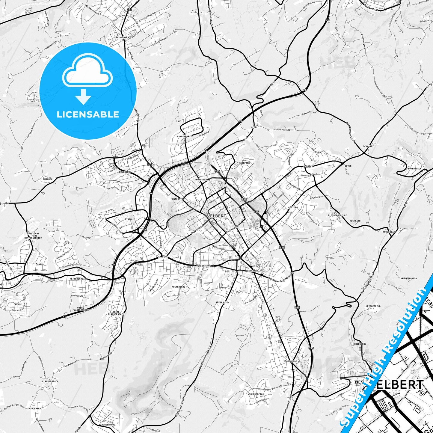Velbert, Germany Light Map with Street Names, City Names, and Districts