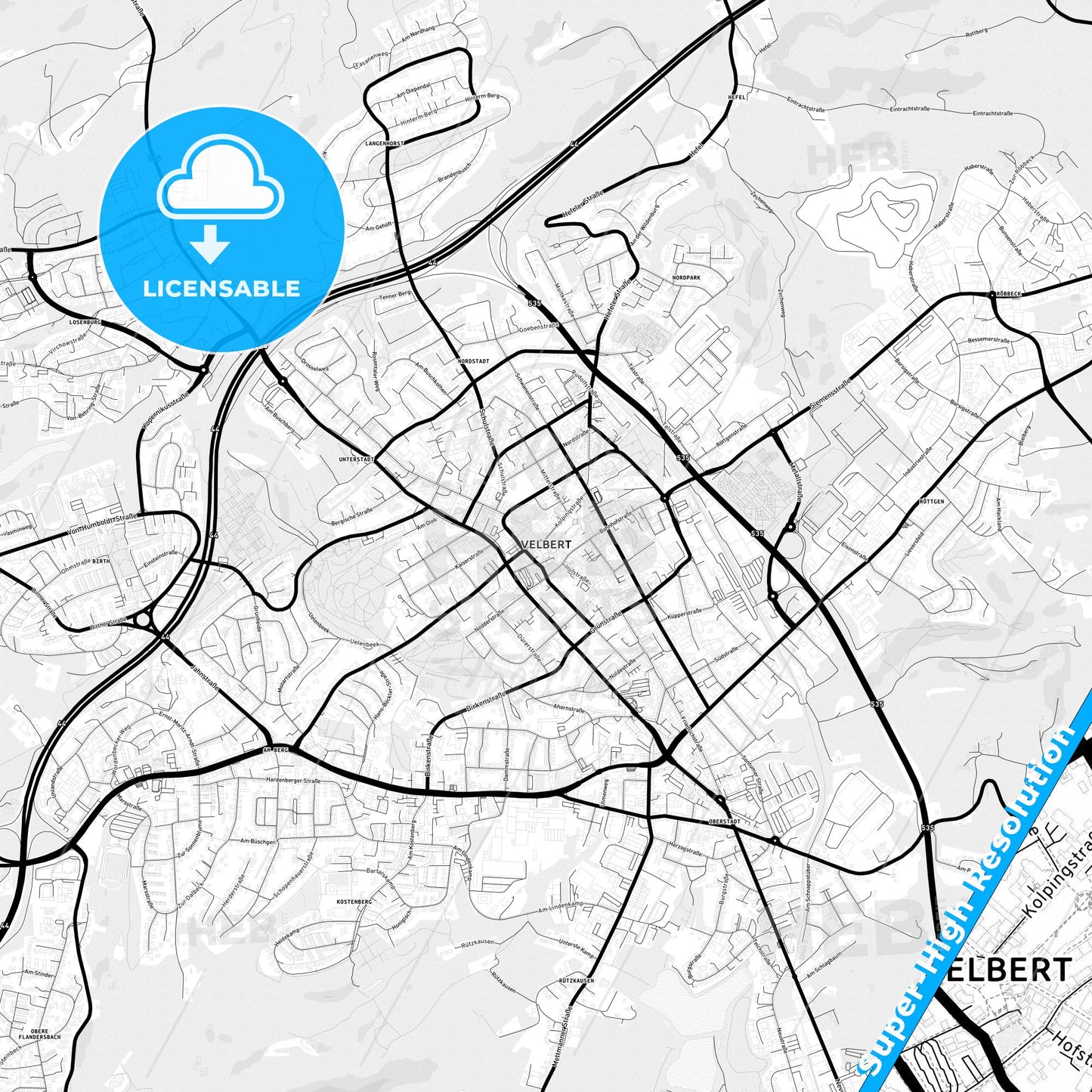 Velbert, Germany Light Map with Street Names, City Names, and Districts