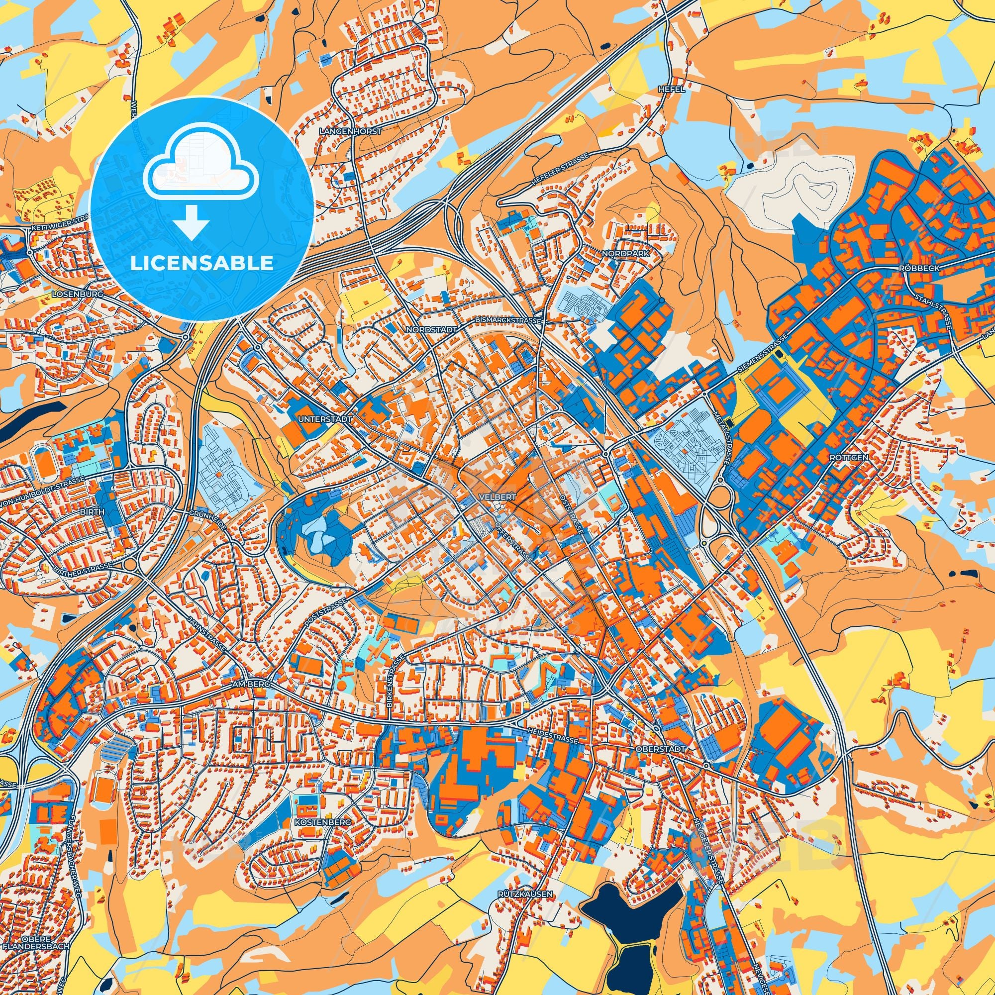 Colorful Velbert Street Map - Digital Download – HEBSTREITS