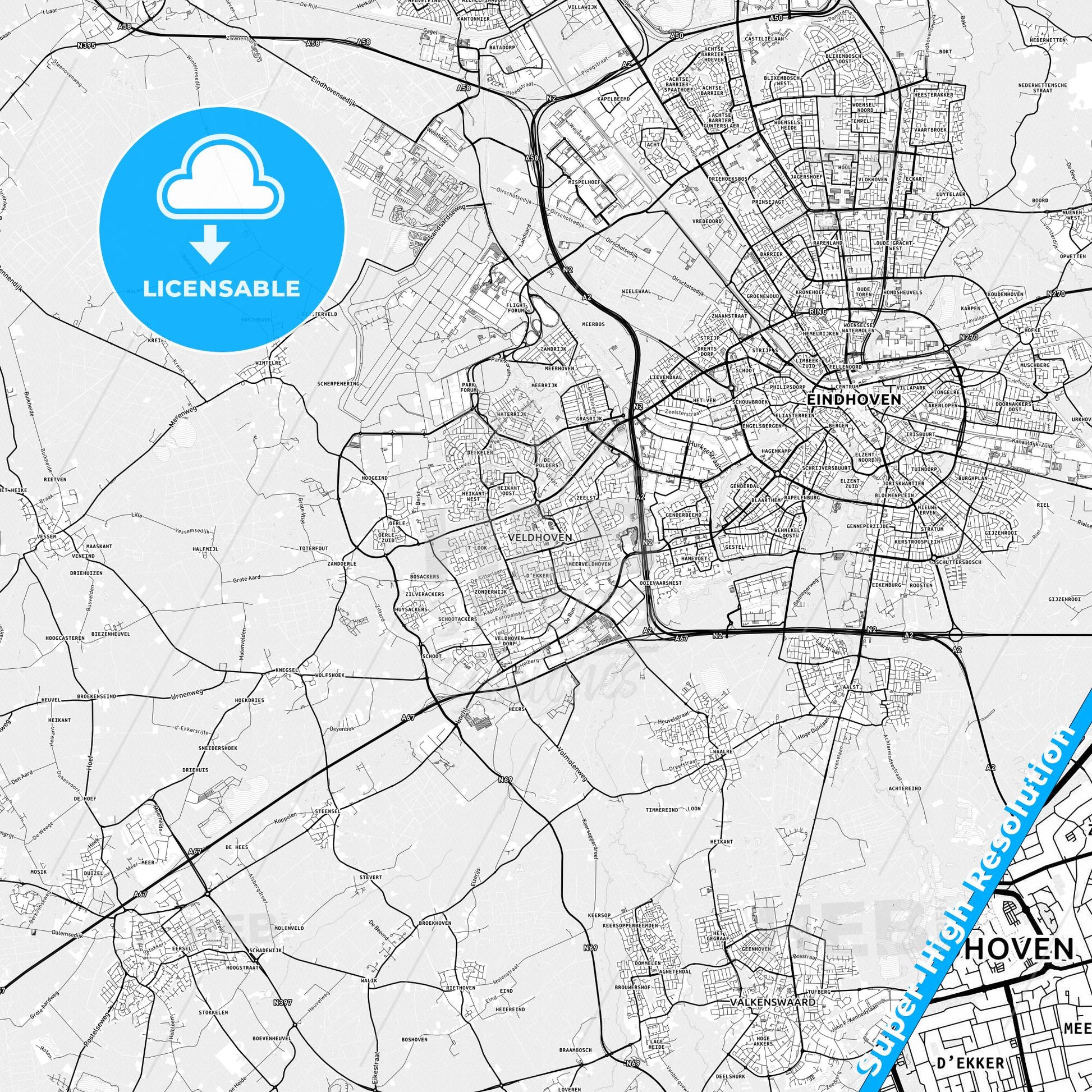 Veldhoven, Netherlands light map with streetnames, citynames and districts