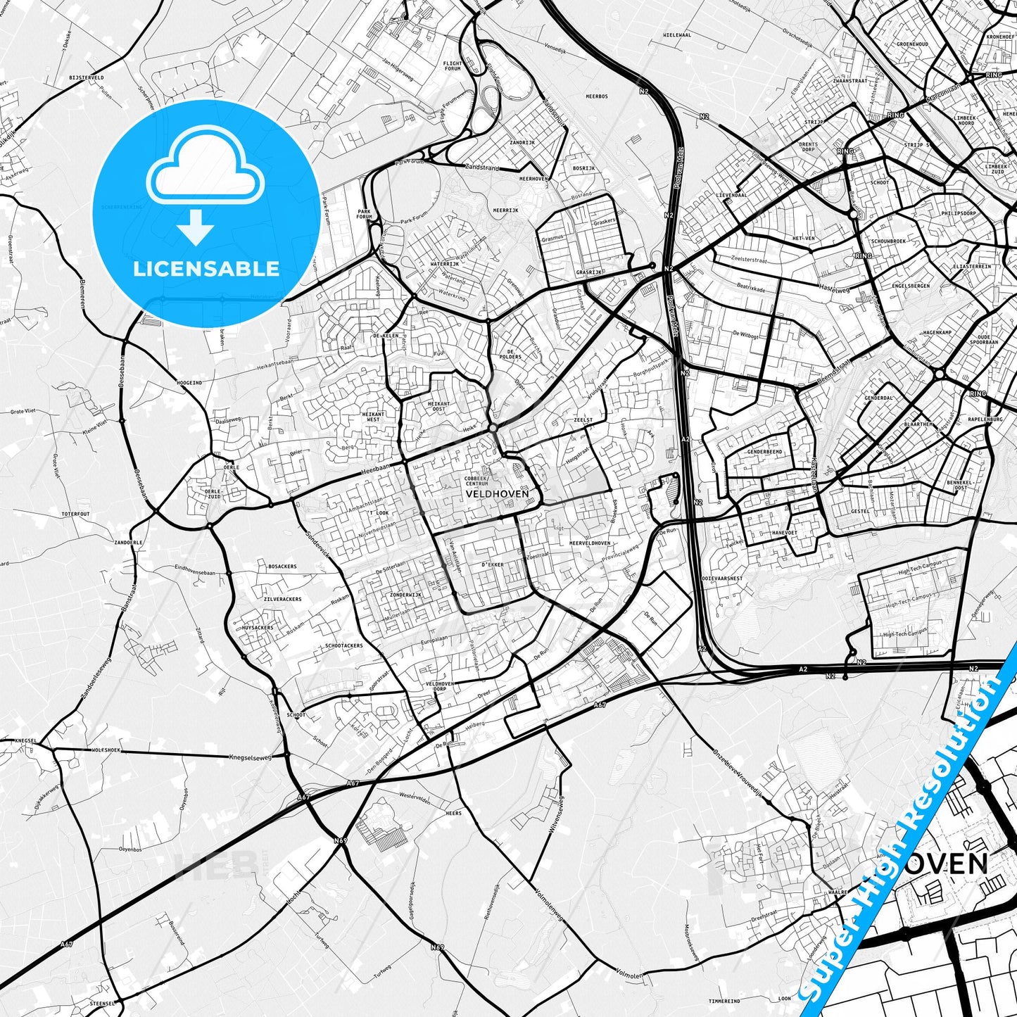 Veldhoven, Netherlands Light Map with Street Names, City Names, and Districts