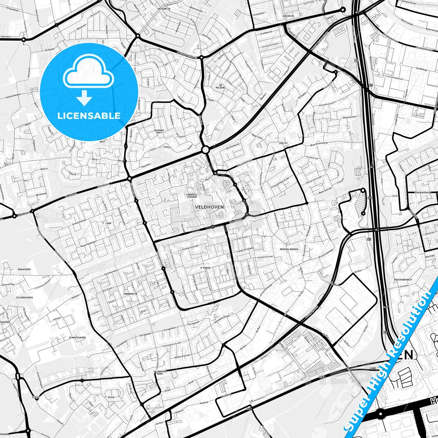 Veldhoven, Netherlands Light Map with Street Names, City Names, and Districts