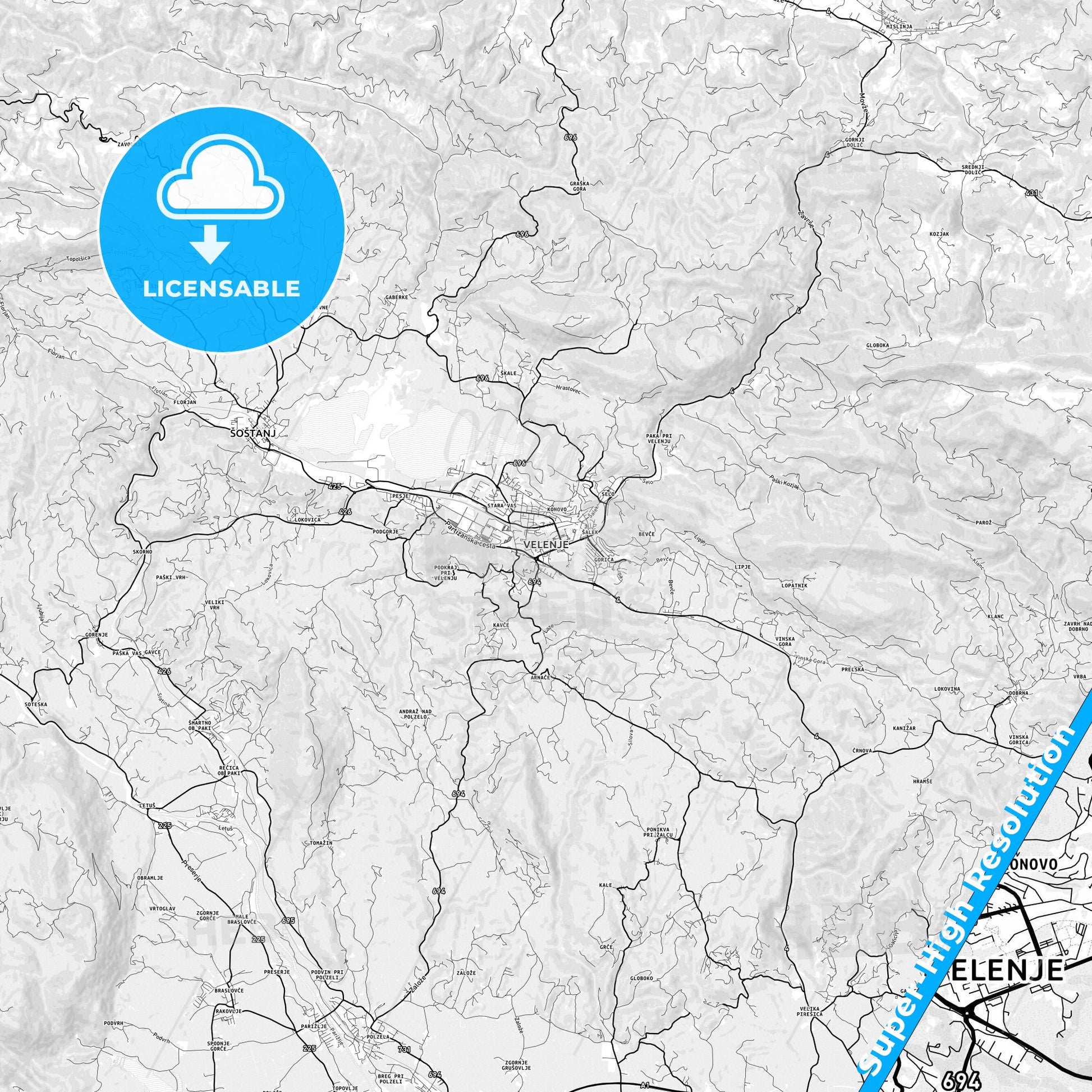 Velenje, Slovenia light map with streetnames, citynames and districts